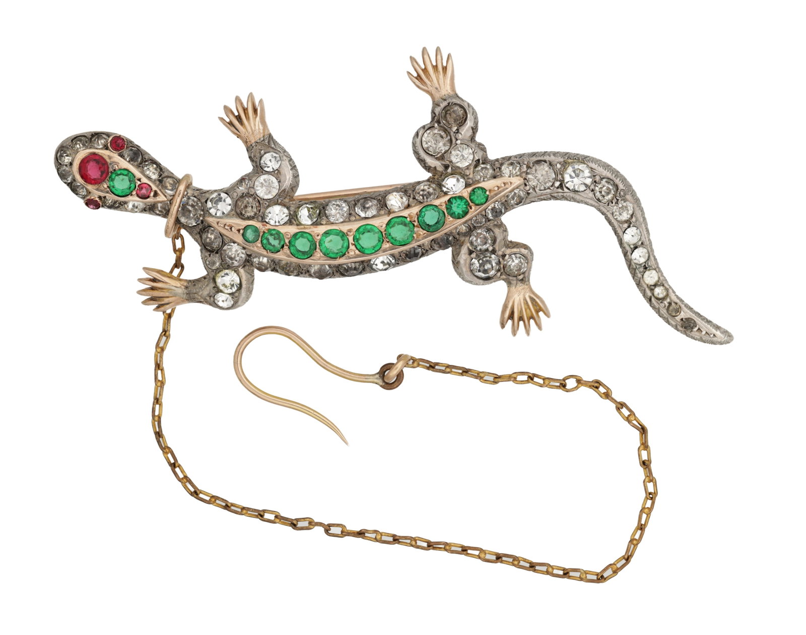 A 19TH CENTURY TWO TONE GOLD EMERALD RUBY AND DIAMOND SET LIZARD BROOCH (1 of 2)