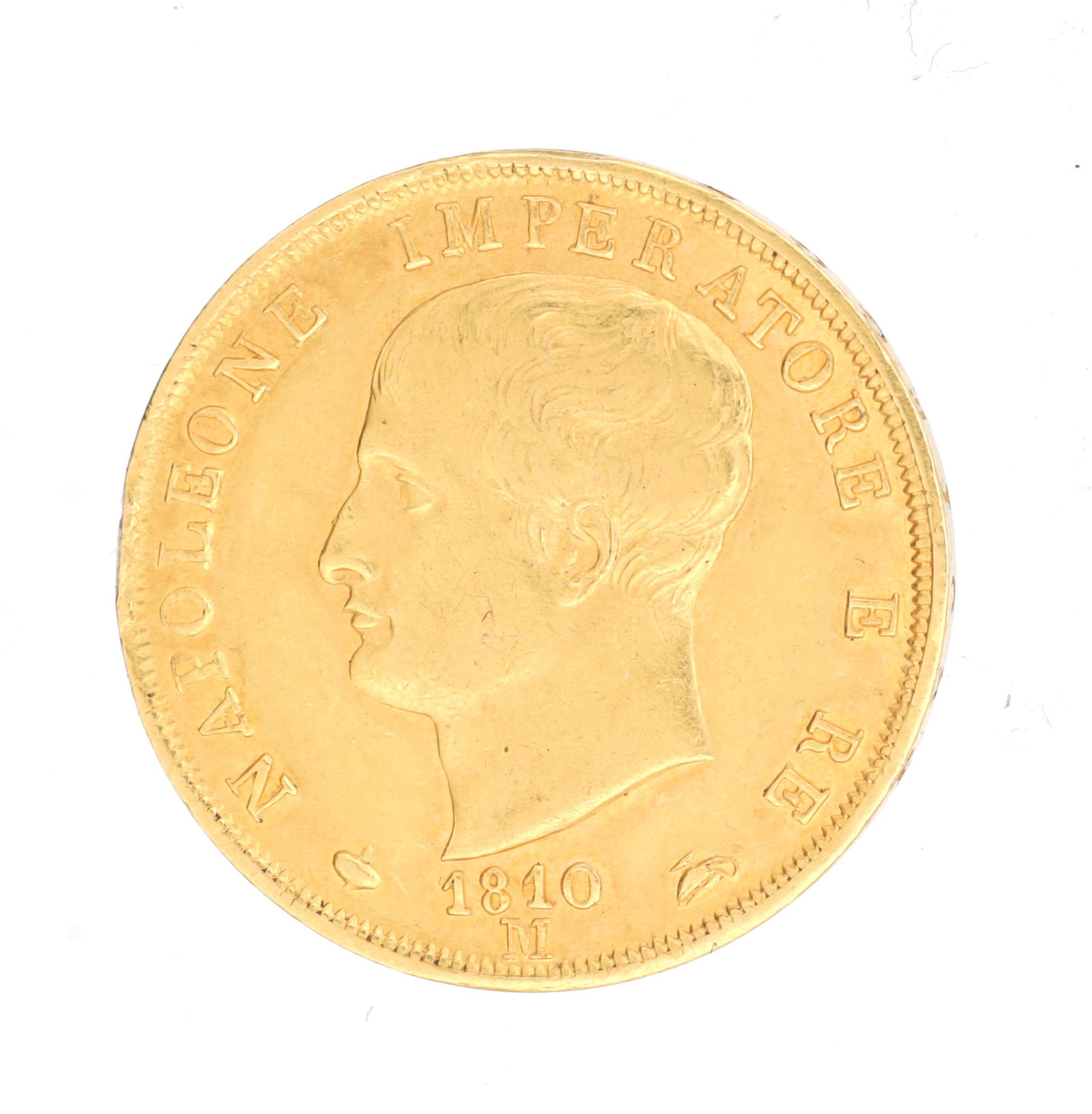 AN 1810 ITALIAN NAPOLEON I 40 LIRE GOLD COIN: AN 1810 ITALIAN NAPOLEON I 40 LIRE GOLD COIN the Kingdom of Italy issue, the obverse with left-facing head and legend NAPOLEONE IMPERATORE E RE, date 1810 over M for Milan; total weight app. 13g. (app