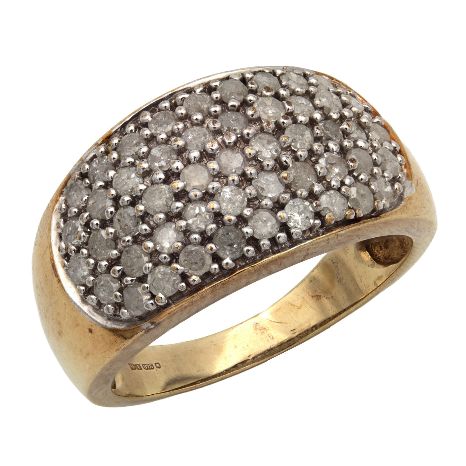 A 9CT YELLOW GOLD AND PAVE DIAMOND RING: A 9CT YELLOW GOLD AND PAVE DIAMOND RING of broad tapering band with a domed rectangular panel pave-set with round-cut diamonds, hallmarked 375 to the interior of the band, total weight app. 5.3g. (Rin