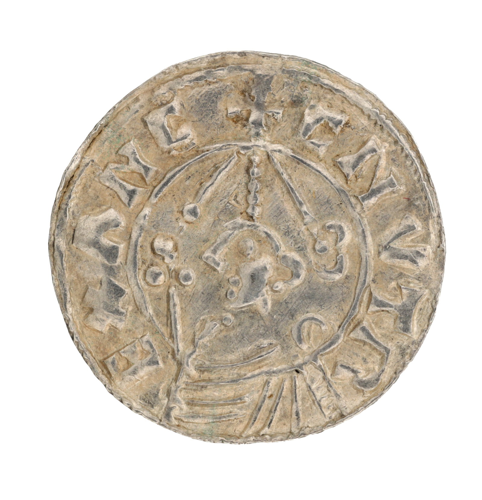 AN EARLY 11TH CENTURY ENGLISH SILVER PENNY, CANUTE, HELMET TYPE (1 of 2)