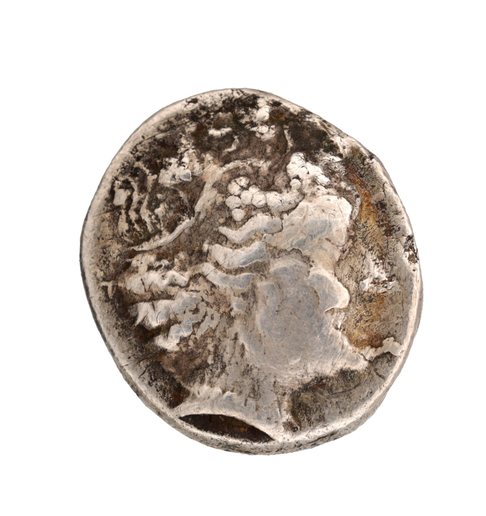 AN ANCIENT COIN: AN ANCIENT COIN with a right-facing head to the obverse. (1.5cm by 1.3cm)