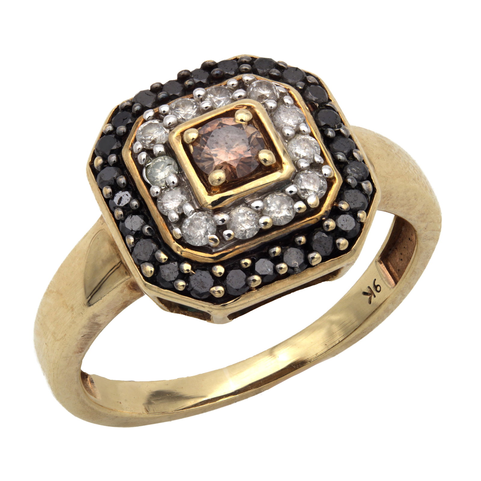 A 9CT YELLOW GOLD COGNAC, WHITE AND BLACK DIAMOND RING: A 9CT YELLOW GOLD COGNAC, WHITE AND BLACK DIAMOND RING having a central round-cut cognac diamond in a square mount within a halo of brilliant-cut white diamonds and an outer row of black diamonds,