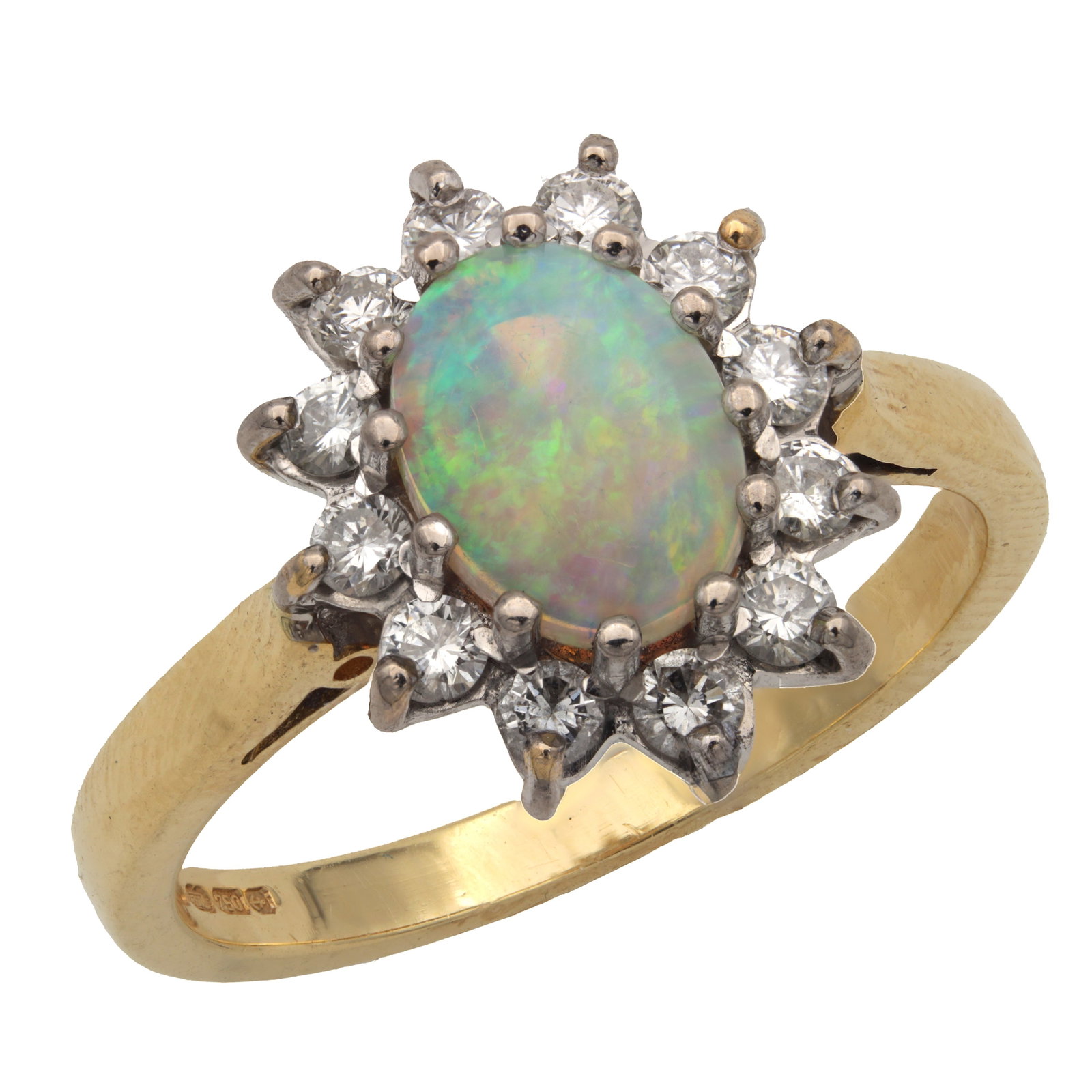 AN 18CT YELLOW GOLD OPAL AND DIAMOND CLUSTER RING: AN 18CT YELLOW GOLD OPAL AND DIAMOND CLUSTER RING set with an oval cabochon opal within a surround of brilliant cut diamonds on a tapered shank; fully hallmarked to the interior with maker's mark CJ,