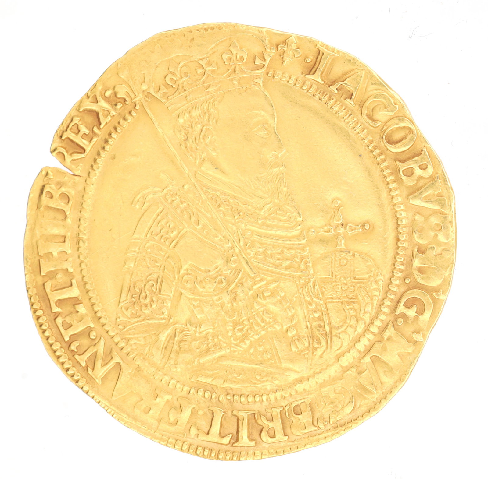 A JAMES I GOLD UNITE COIN: A JAMES I GOLD UNITE COIN the obverse with crowned and robed bust right holding orb and sceptre within beaded border and legend, total weight app. 10g. (approx 10g total weight)
