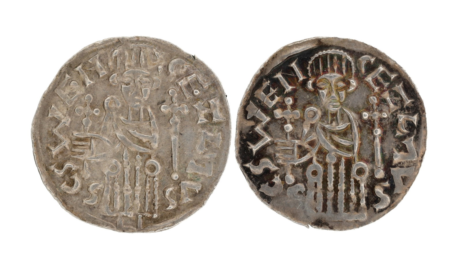 TWO SILVER EMPIRE OF TREBIZOND THEODORA ASPER COINS: TWO SILVER EMPIRE OF TREBIZOND THEODORA ASPER COINS each app. 1g with a frontal figure flanked by crosses and surrounding legend. (approx 1 g each)