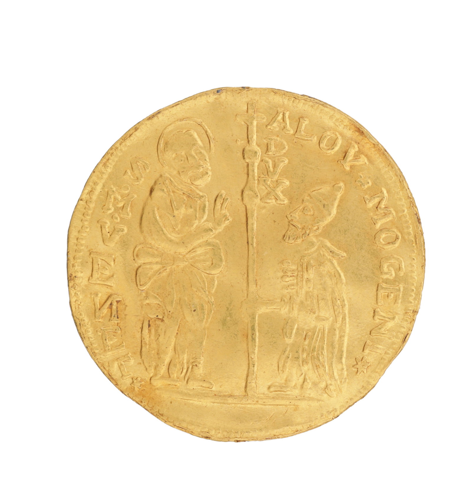 A VENETIAN GOLD ZECCHINO COIN: A VENETIAN GOLD ZECCHINO COIN obverse with St Mark standing before the kneeling Doge, inscribed S M VENETI and ALVISE MOCENIGO DVX, total weight app. 8.5g. (total weight approx. 8.5g)