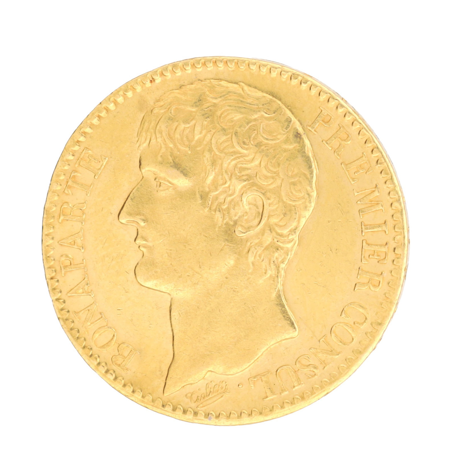AN EARLY 19TH CENTURY FRENCH GOLD NAPOLEON 40 FRANCS COIN: AN EARLY 19TH CENTURY FRENCH GOLD NAPOLEON 40 FRANCS COIN with obverse depicting the left-facing bust and legend BONAPARTE PREMIER CONSUL, reeded edge; total weight app. 13g. (total weight approx.