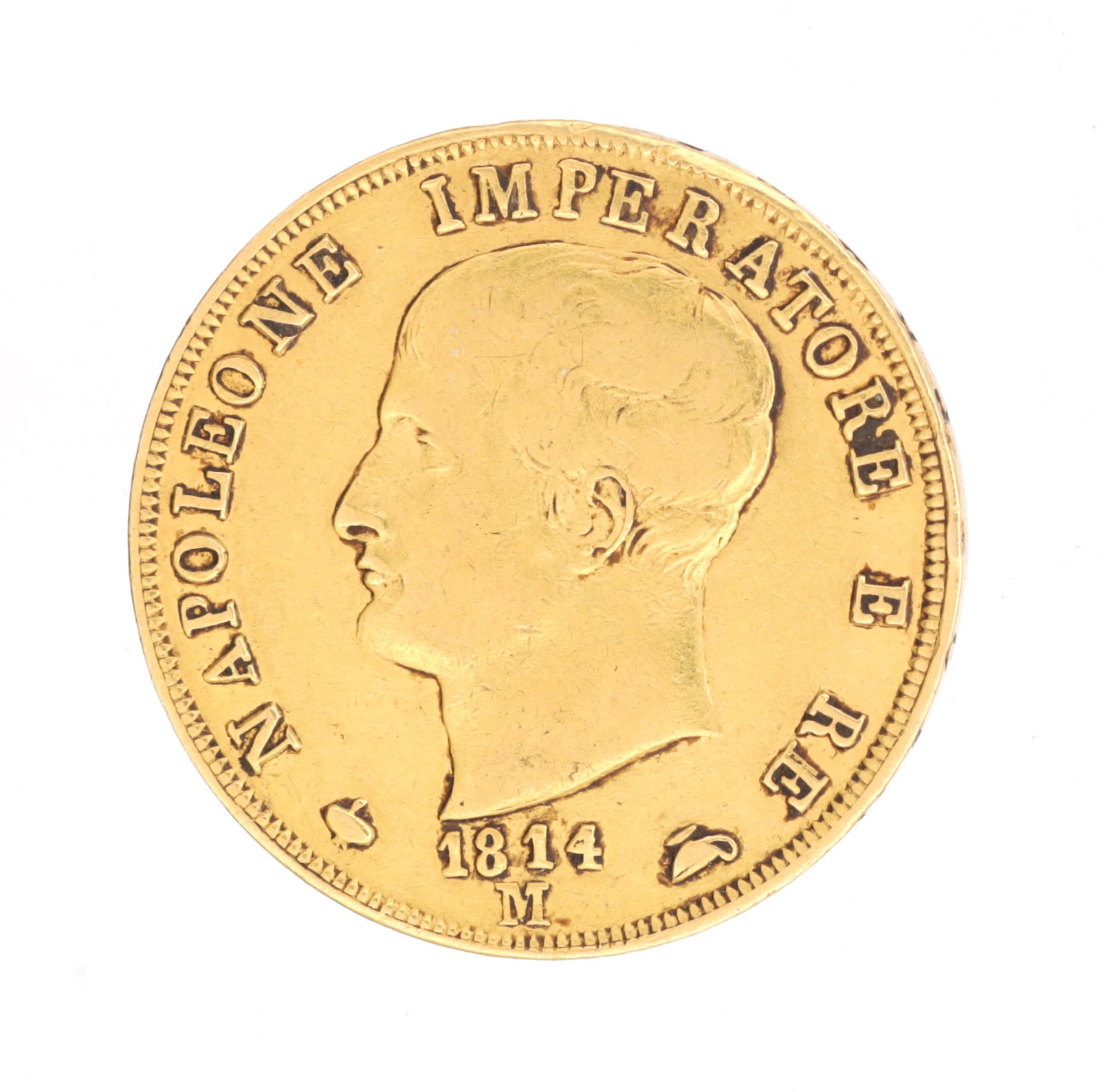 A 19TH CENTURY GOLD NAPOLEON I 40 LIRE COIN (1 of 2)