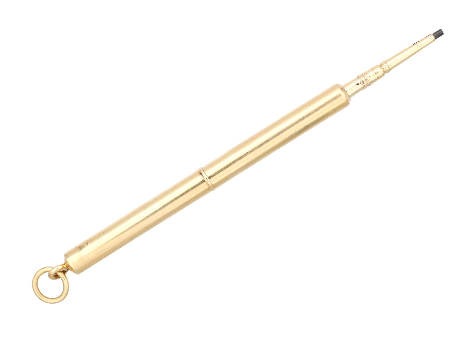 AN EARLY 20TH CENTURY 14CT GOLD PROPELLING PENCIL: AN EARLY 20TH CENTURY 14CT GOLD PROPELLING PENCIL of plain cylindrical form with twist action to extend the lead, fitted with a suspension ring; total app. weight 5.7g. (Length 6.5cm)