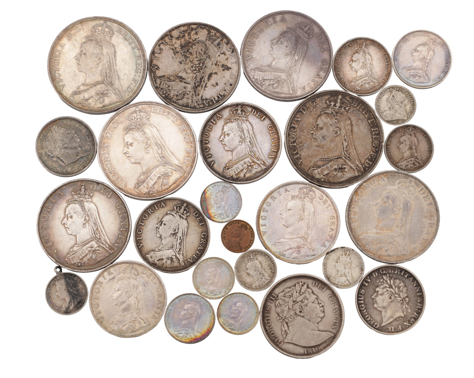 A COLLECTION OF VICTORIAN AND OTHER SILVER COINS: A COLLECTION OF VICTORIAN AND OTHER SILVER COINS comprising Queen Victoria Jubilee Head double florins, florins, shillings, sixpences and threepences, together with a George III silver bull head