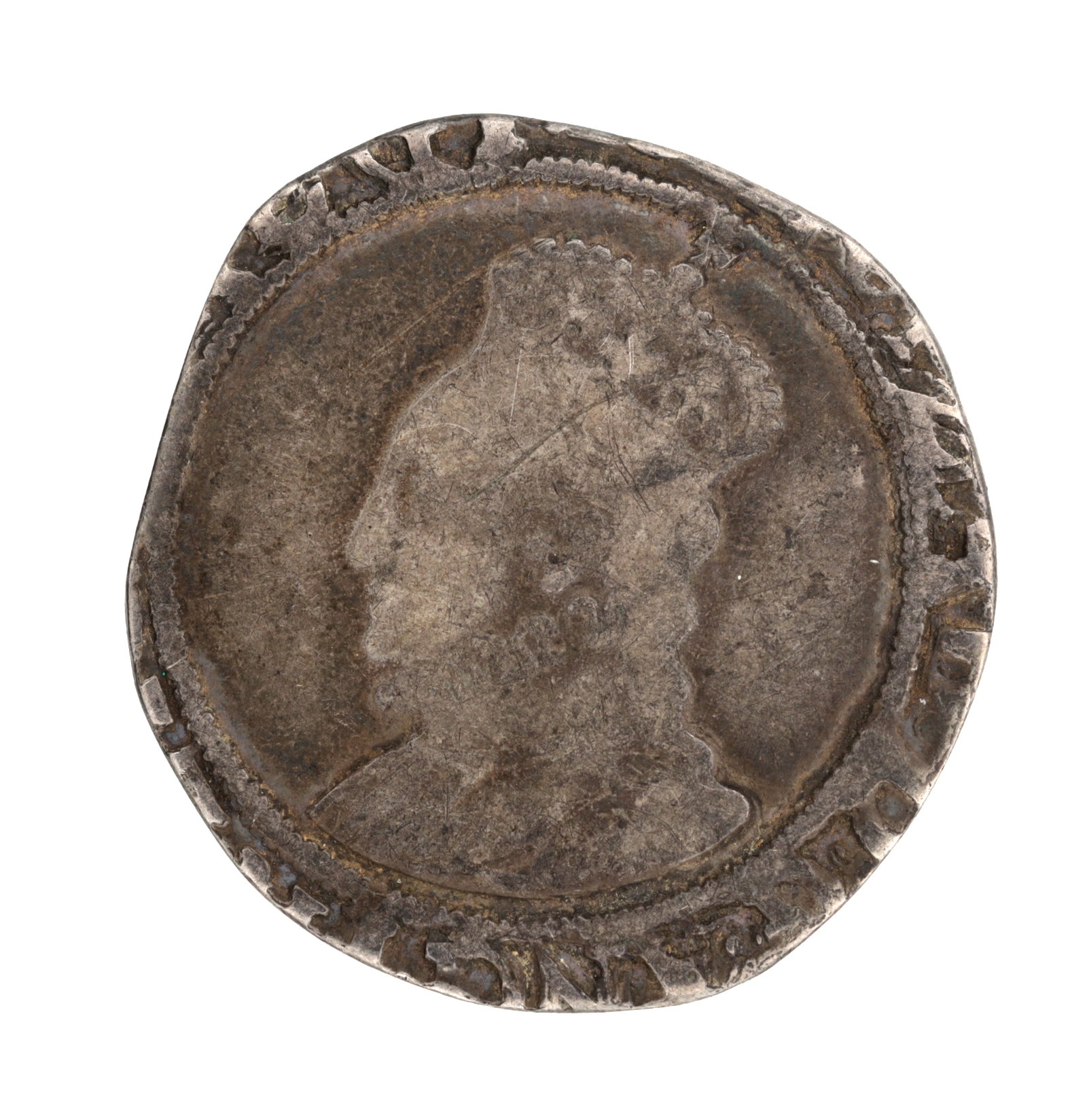 A CIRCA 1564 ENGLISH HAMMERED SILVER SIXPENCE OF ELIZABETH I: A CIRCA 1564 ENGLISH HAMMERED SILVER SIXPENCE OF ELIZABETH I the obverse with a left-facing bust within a beaded border and encircling legend. (26mm diameter)