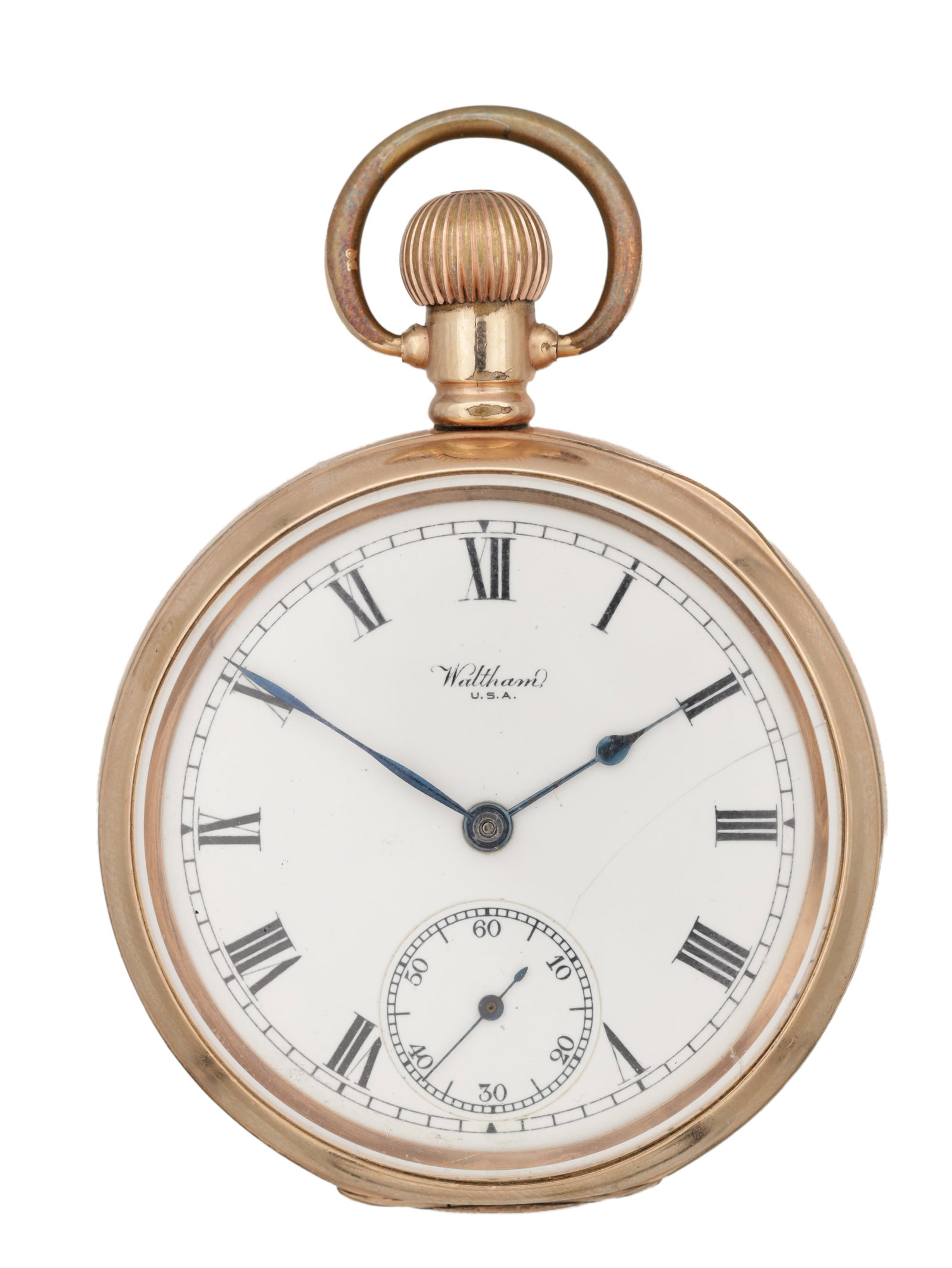 A WALTHAM ROLLED GOLD OPEN FACE POCKET WATCH 15 JEWELS: A WALTHAM ROLLED GOLD OPEN FACE POCKET WATCH 15 JEWELS with white enamel Roman dial, blued steel hands and subsidiary seconds at six, signed Waltham U.S.A., stem-wind crown and bow at twelve. (46 mm d