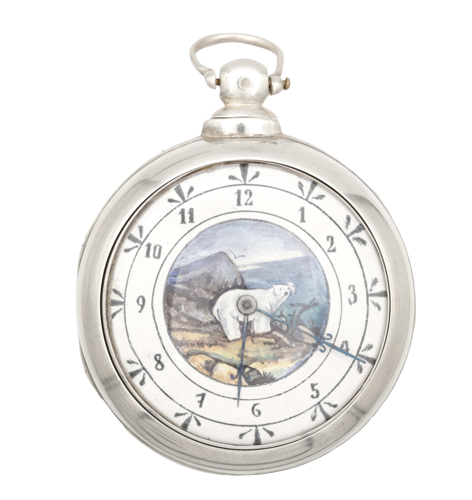 A SILVER PAIR CASE VERGE POCKET WATCH WITH PAINTED POLAR BEAR DIAL: A SILVER PAIR CASE VERGE POCKET WATCH WITH PAINTED POLAR BEAR DIAL having an enamel dial with Arabic chapters and blued steel hands, verge movement in inner and outer silver cases, total app. weight 1