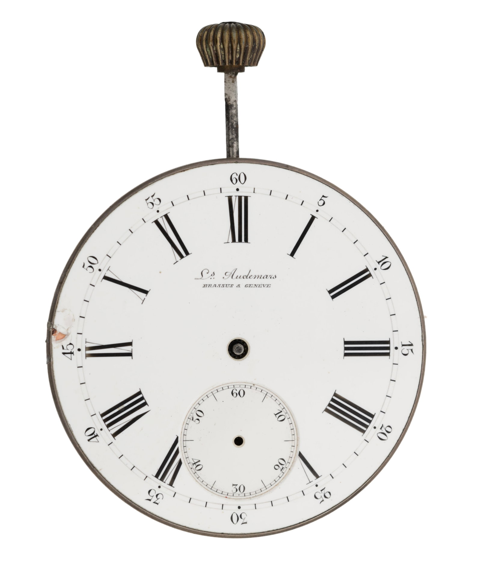 L. AUDEMARS A POCKET WATCH MOVEMENT WITH SPECIAL WINDING: L. AUDEMARS A POCKET WATCH MOVEMENT WITH SPECIAL WINDING of open face type with a white enamel Roman dial, outer minute track and subsidiary seconds, the dial signed L. Audemars, Brassus & Genve, the 