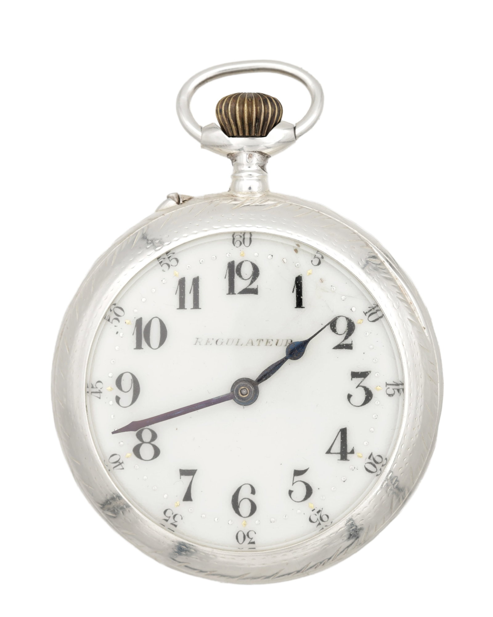 AN EARLY 20TH CENTURY SILVER GOLIATH REGULATOR POCKET WATCH: AN EARLY 20TH CENTURY SILVER GOLIATH REGULATOR POCKET WATCH with white enamel dial inscribed Regulateur having Arabic numerals and outer minute track with blued steel hands, the foliate engraved case 