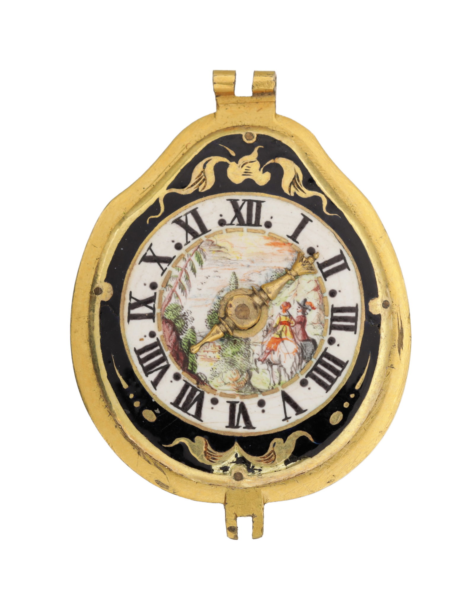 A 17TH CENTURY FRENCH ENAMEL DIAL VERGE POCKET WATCH MOVEMENT: A 17TH CENTURY FRENCH ENAMEL DIAL VERGE POCKET WATCH MOVEMENT the pear-shaped dial with single gilt hand and classical painted centre within a black and white Roman chapter ring, fronting a verge move
