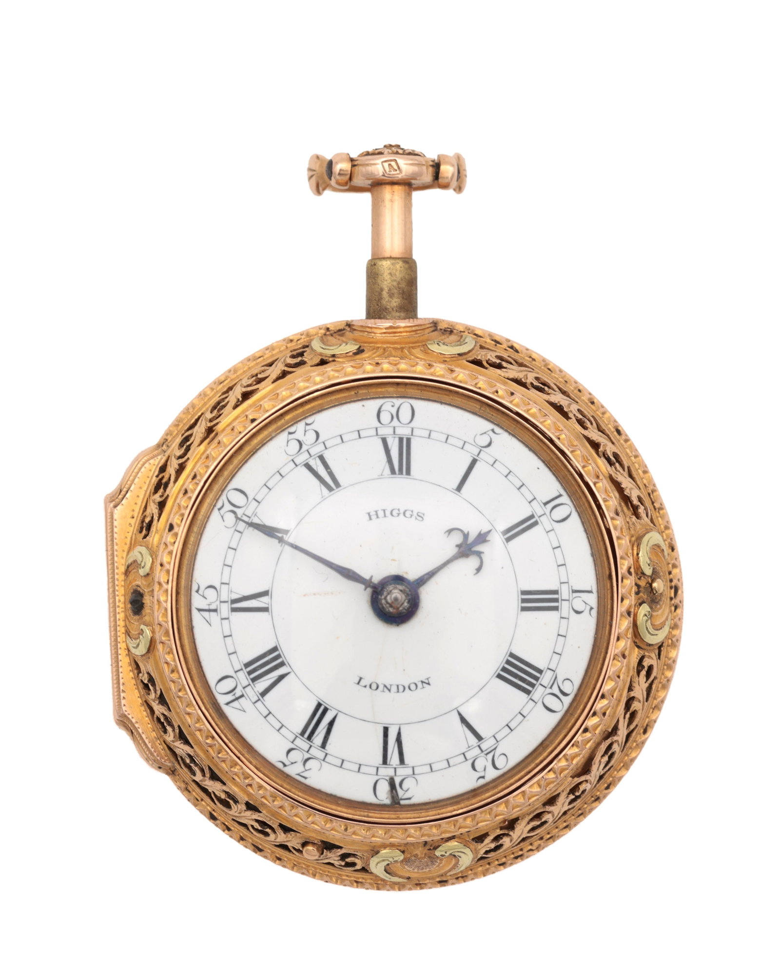 ROBERT & PETER HIGGS, LONDON, AN EARLY GEORGE III GOLD PAIR CASE REPOUSSE HALF QUARTER REPEATING: ROBERT & PETER HIGGS, LONDON, AN EARLY GEORGE III GOLD PAIR CASE REPOUSSE HALF QUARTER REPEATING VERGE POCKET WATCH the signed convex white enamel dial with Roman numerals and Arabic outer markings, b