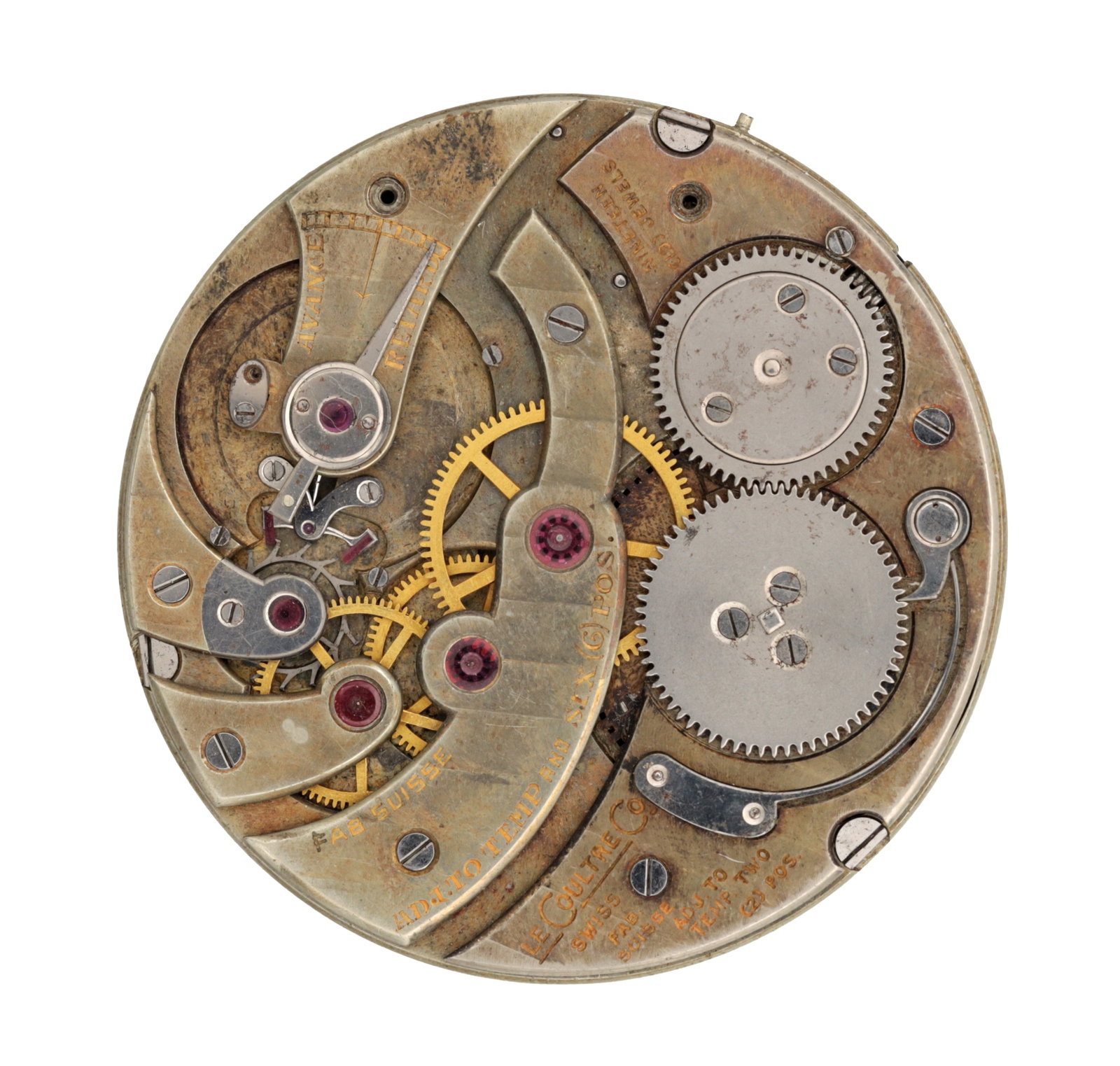 A LECOULTRE FOR CARTIER ULTRA-THIN 19 JEWEL POCKET WATCH MOVEMENT: A LECOULTRE FOR CARTIER ULTRA-THIN 19 JEWEL POCKET WATCH MOVEMENT signed LeCoultre Co Swiss with nickel finished plates, jewelled train and keyless wind. (37mm diameter)