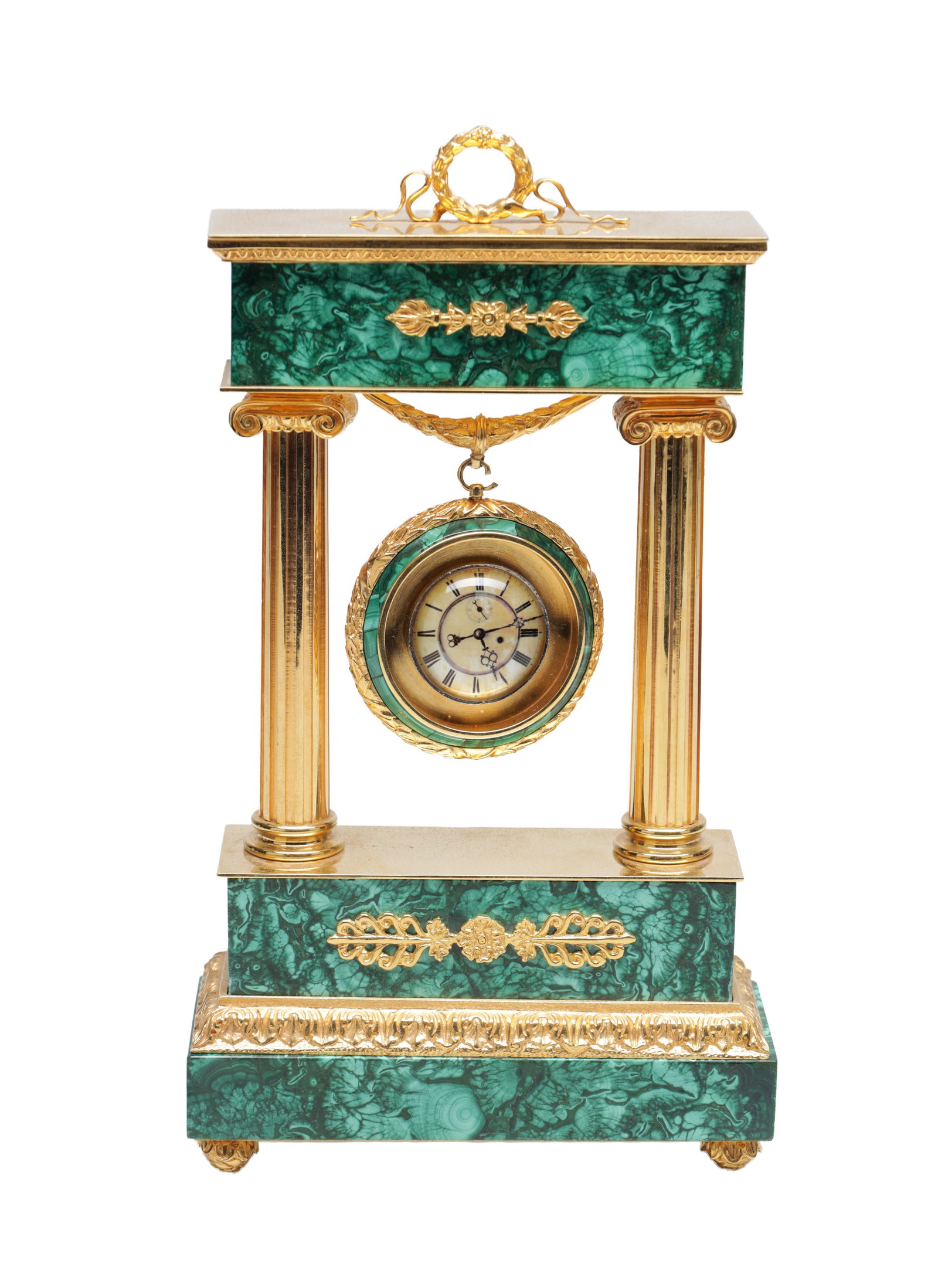 A 20TH CENTURY MALACHITE AND GILT BRASS PORTICO WATCH HOLDER (1 of 6)