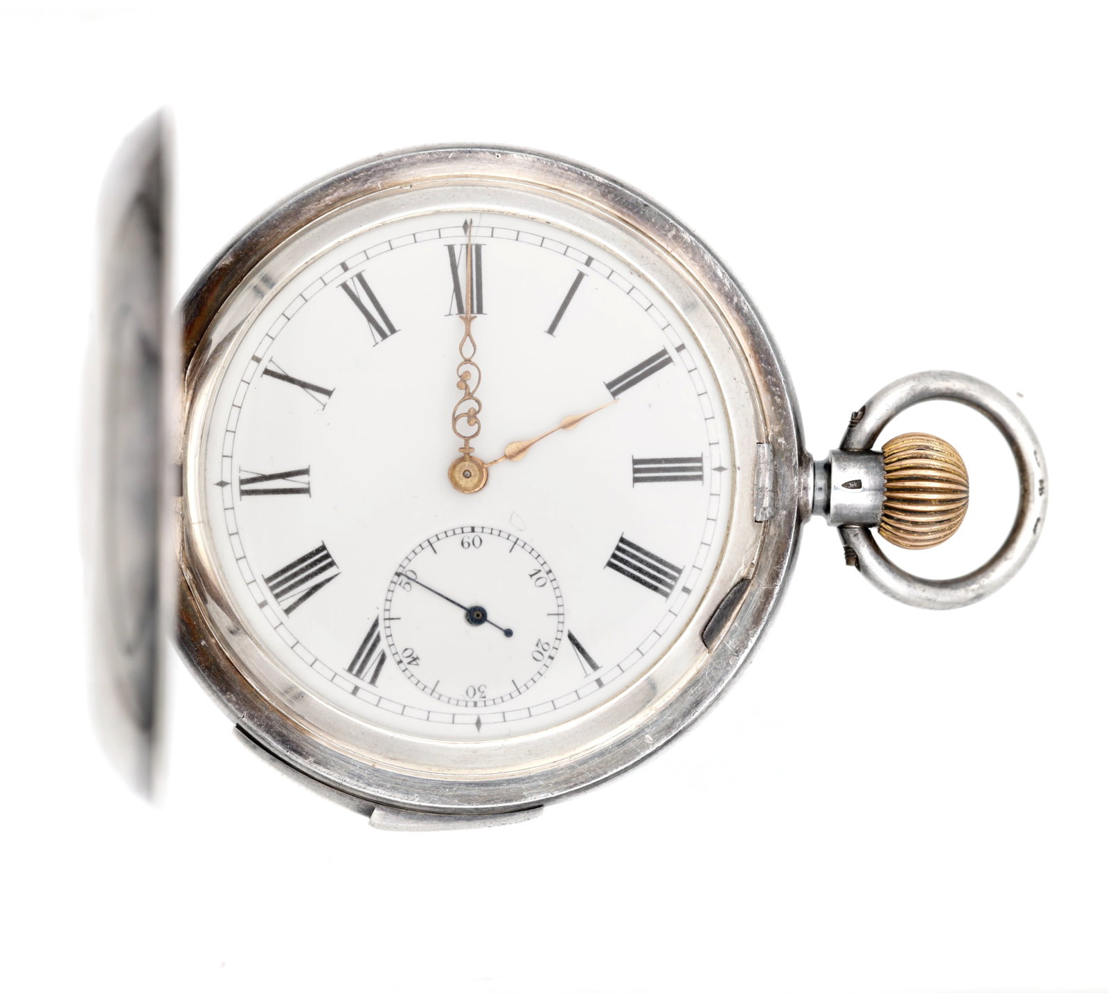 A SWISS SILVER REPEATING POCKET WATCH WITH JEWELLED HAMMER: A SWISS SILVER REPEATING POCKET WATCH WITH JEWELLED HAMMER having a white enamel Roman numeral dial with subsidiary seconds, gilt and blued steel hands, in a hunter case with a slide to the band opera