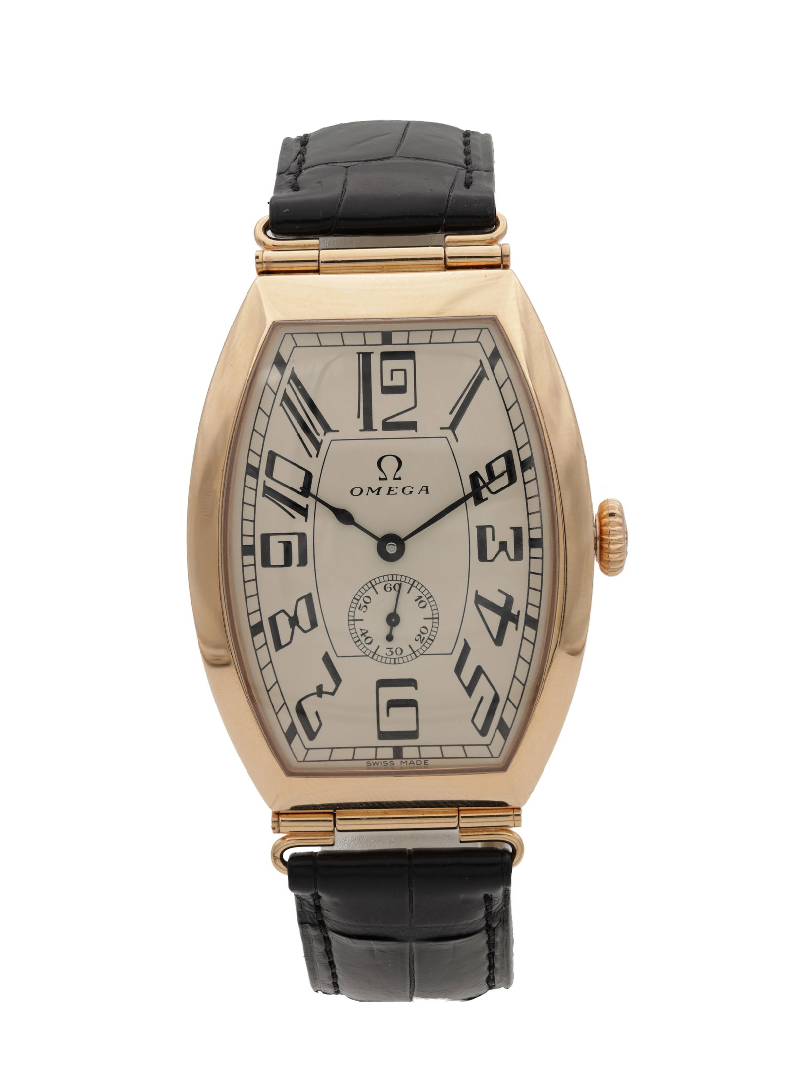 A GENTLEMAN'S LIMITED EDITION 18CT ROSE GOLD OMEGA MUSEUM COLLECTION 1915 PETROGRAD WRIST WATCH: A GENTLEMAN'S LIMITED EDITION 18CT ROSE GOLD OMEGA MUSEUM COLLECTION 1915 PETROGRAD WRIST WATCH no. 1878/1915, with a tonneau-shaped case, silvered dial with stylised Arabic numerals and subsidiary se