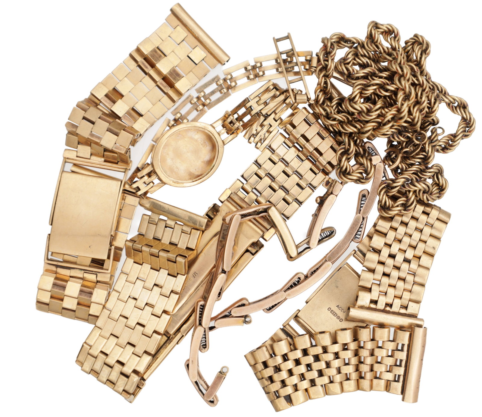 A COLLECTION OF 9CT GOLD WATCH BRACELETS AND A CHAIN (1 of 1)