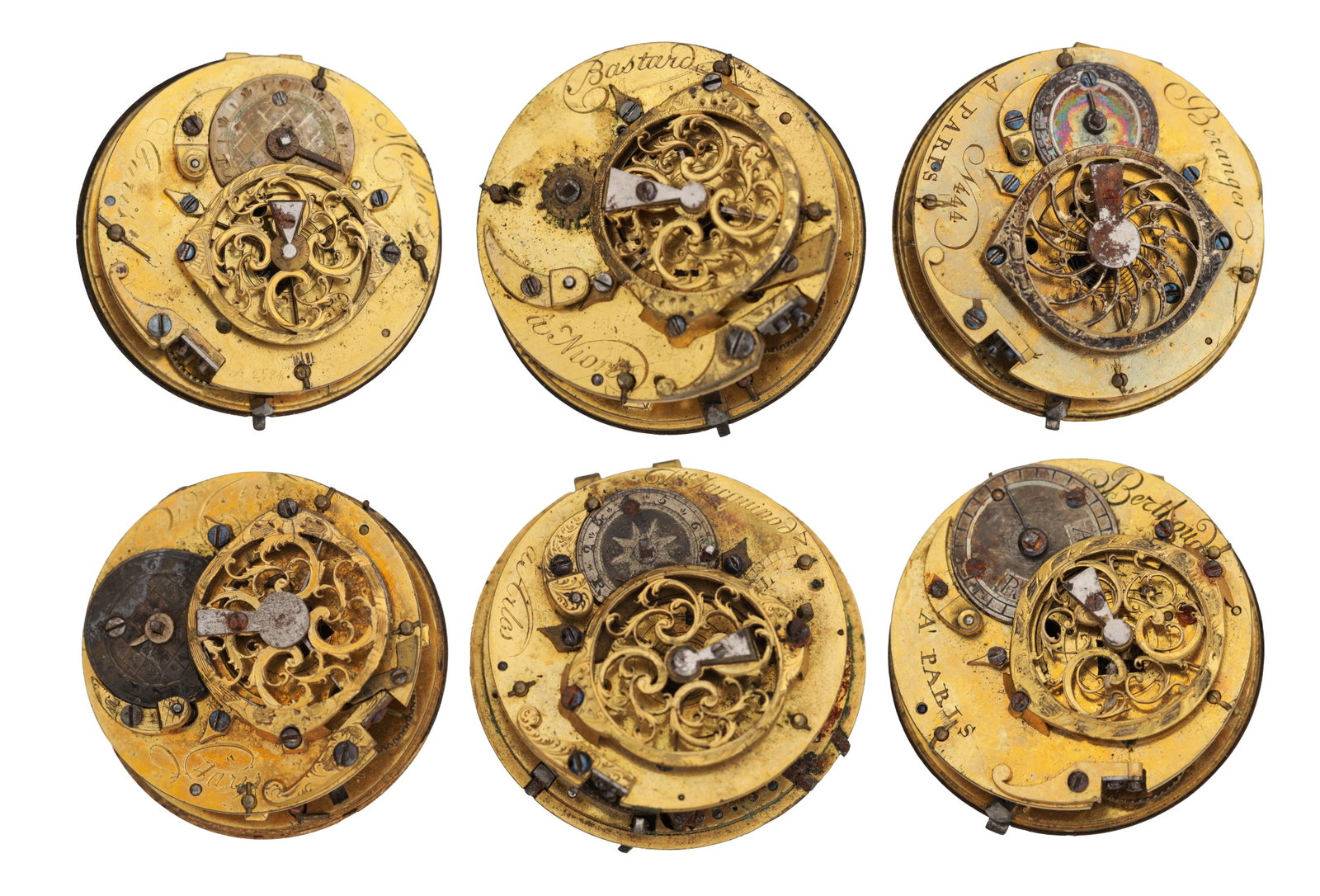 A COLLECTION OF SIX FRENCH VERGE POCKET WATCH MOVEMENTS: A COLLECTION OF SIX FRENCH VERGE POCKET WATCH MOVEMENTS each with gilt full plates and pierced and engraved balance cock, signed Du Jertre, Beranger, Mullets, Bastard and Berthoud, one a quarter repea