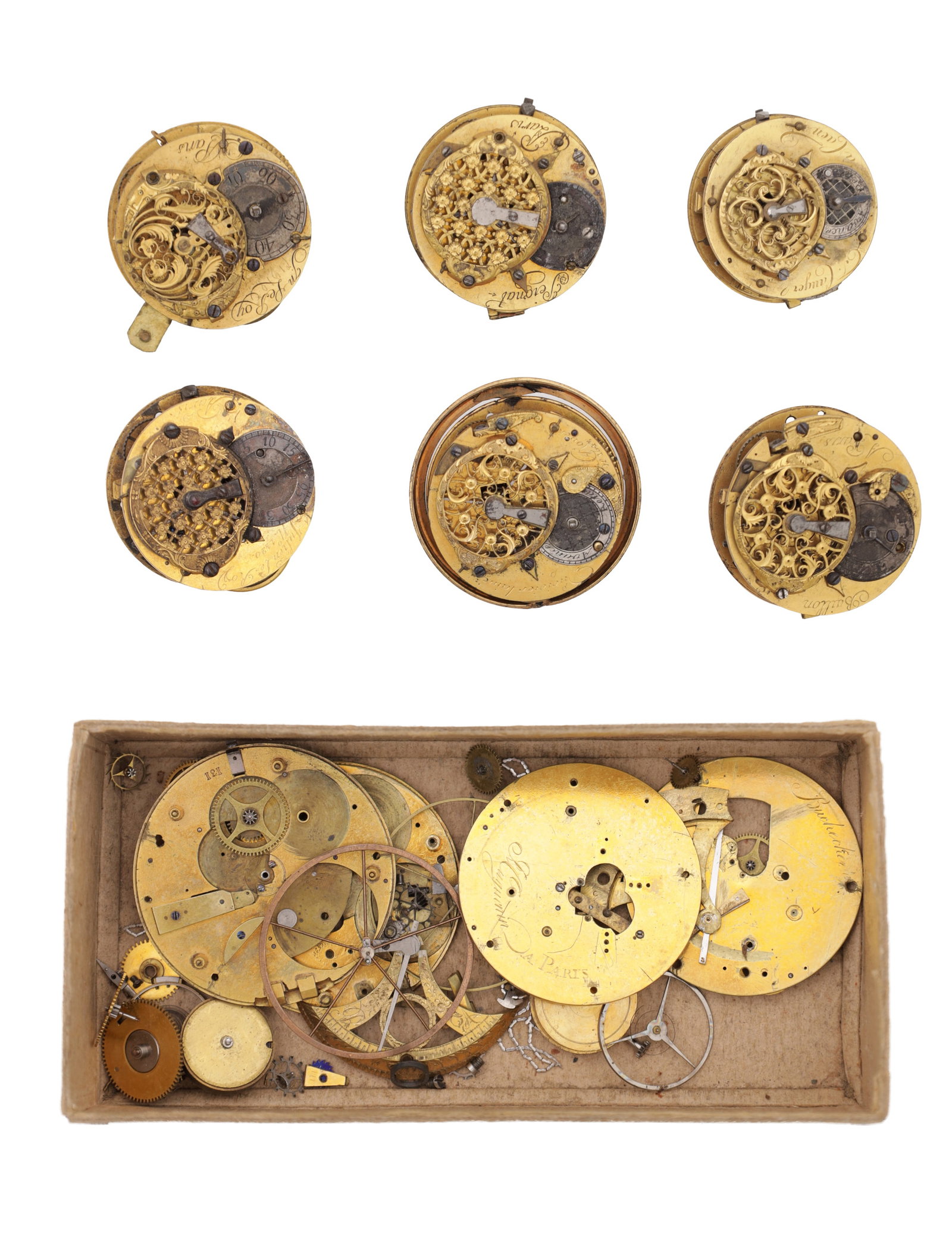 A COLLECTION OF UNUSUAL FRENCH GILT BRASS POCKET WATCH MOVEMENTS AND PARTS: A COLLECTION OF UNUSUAL FRENCH GILT BRASS POCKET WATCH MOVEMENTS AND PARTS comprising six complete movements with pierced and engraved balance cocks and regulator sectors, some signed Paris, together 