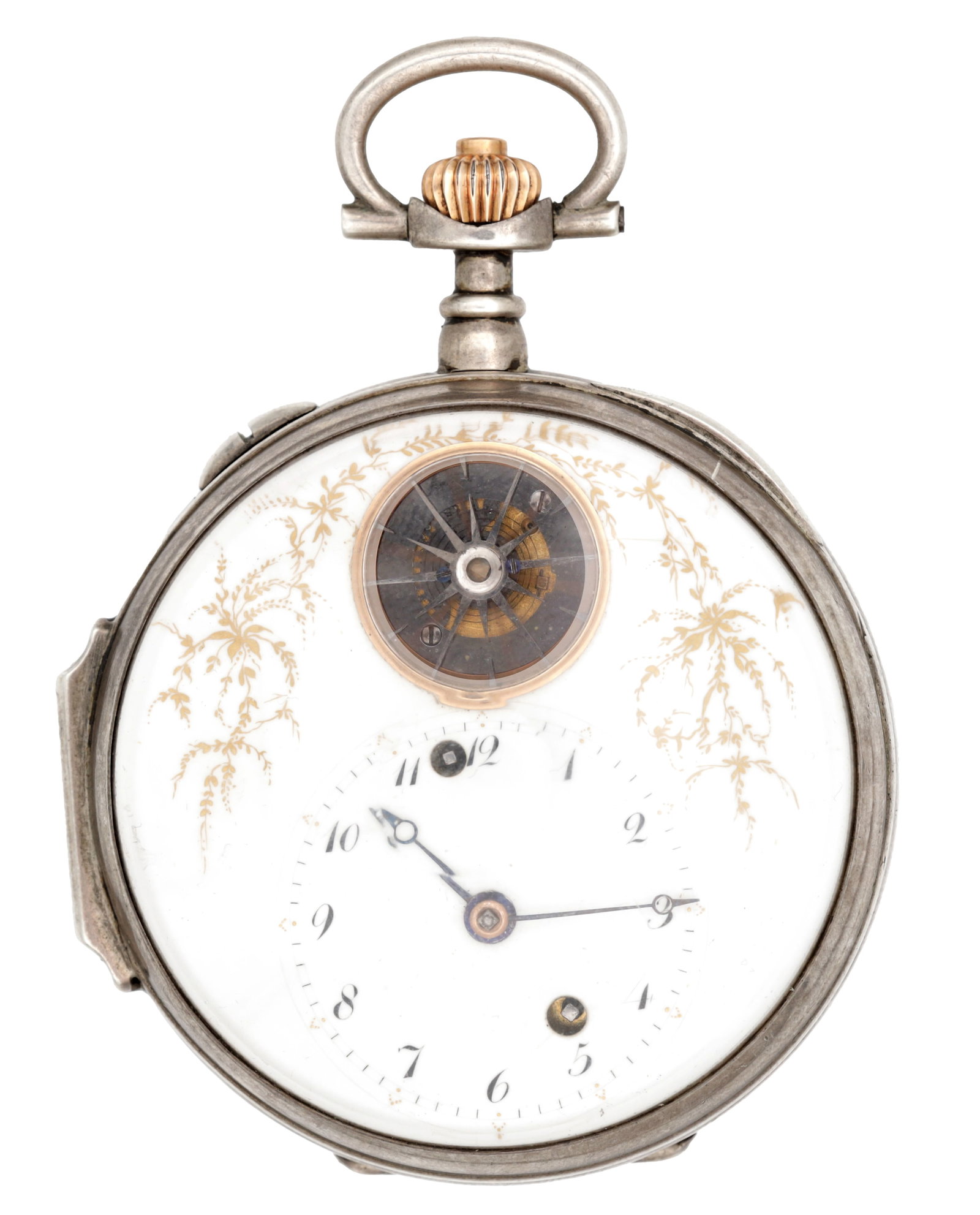 A RARE GRAND SONNERIE OPEN FACED POCKET CLOCK WATCH: A RARE GRAND SONNERIE OPEN FACED POCKET CLOCK WATCH with white enamel dial decorated with gilt foliate sprays, an exposed balance aperture at twelve, blued steel hands and twin key-wind arbors, the ca
