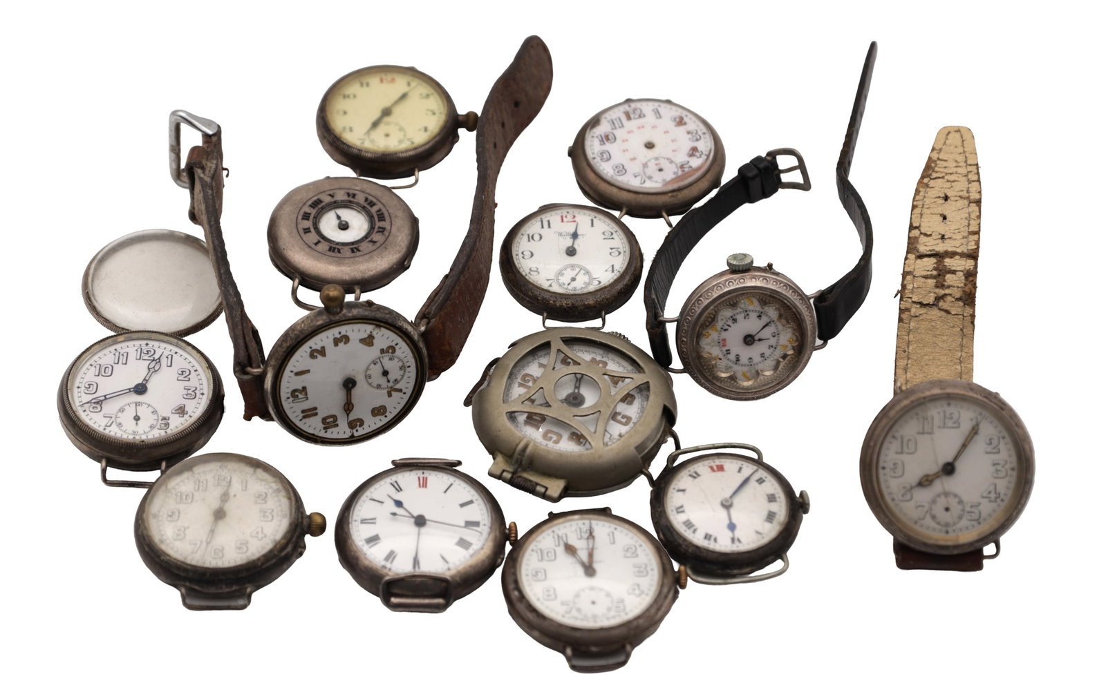 A COLLECTION OF SIX WRIST WATCHES INCLUDING A WWI TRENCH WATCH WITH STONE GUARD (1 of 8)