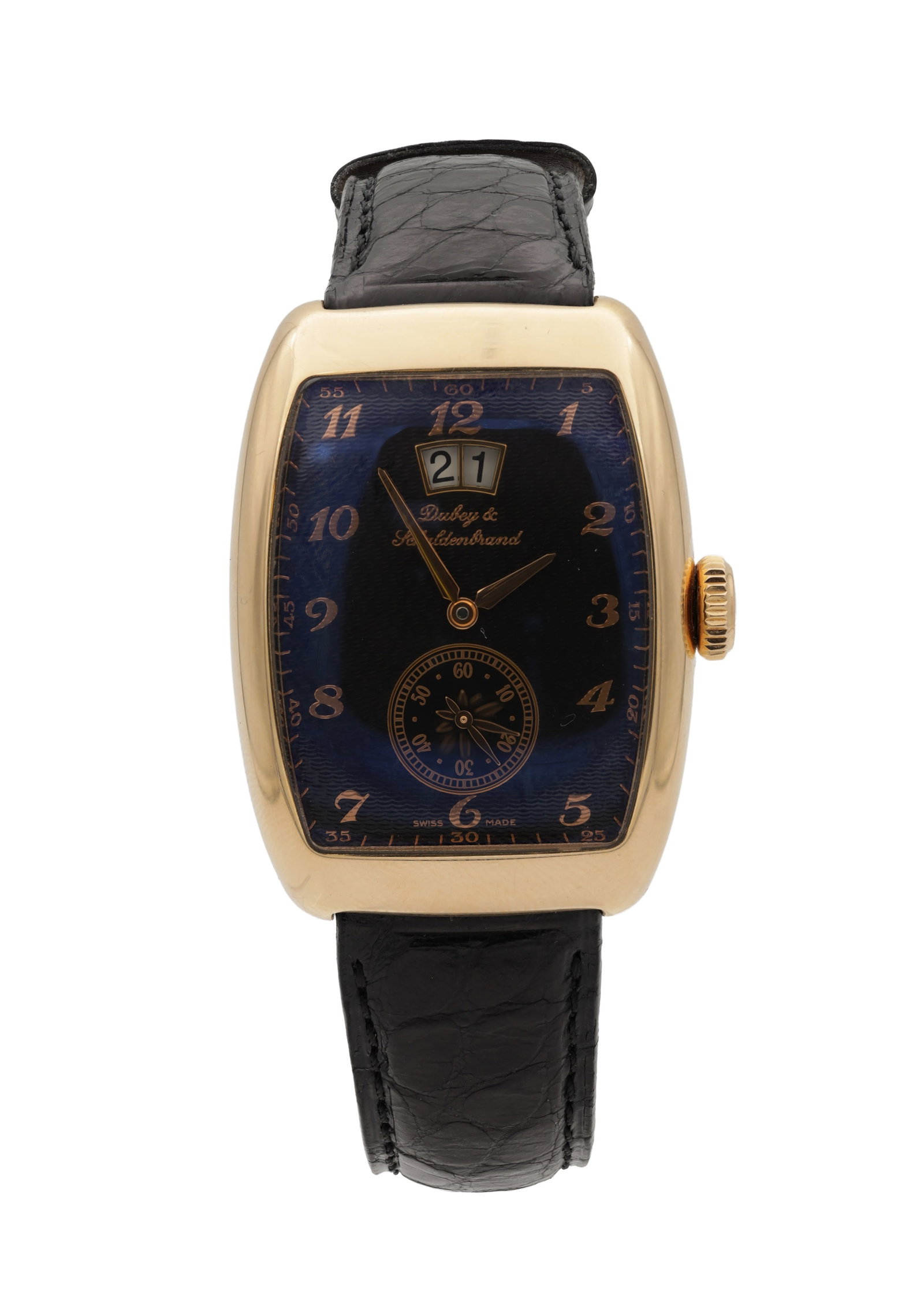 AN 18CT ROSE GOLD DUBEY & SCHALDENBRAND AERODYN ELITE AUTOMATIC WRIST WATCH: AN 18CT ROSE GOLD DUBEY & SCHALDENBRAND AERODYN ELITE AUTOMATIC WRIST WATCH limited edition no. 13/50 with tonneau-shaped case, textured blue dial with double calendar aperture and subsidiary