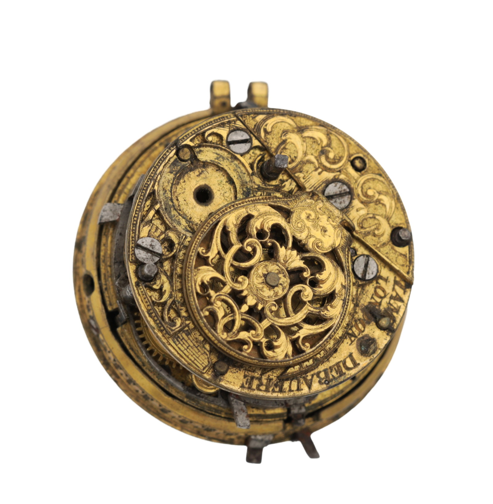 DEBAUFRE, LONDON. A VERGE REPEATING POCKET WATCH MOVEMENT: DEBAUFRE, LONDON. A VERGE REPEATING POCKET WATCH MOVEMENT a gilt full plate movement with pierced and foliate engraved balance cock, signed Debaufre London, with verge escapement and repeating