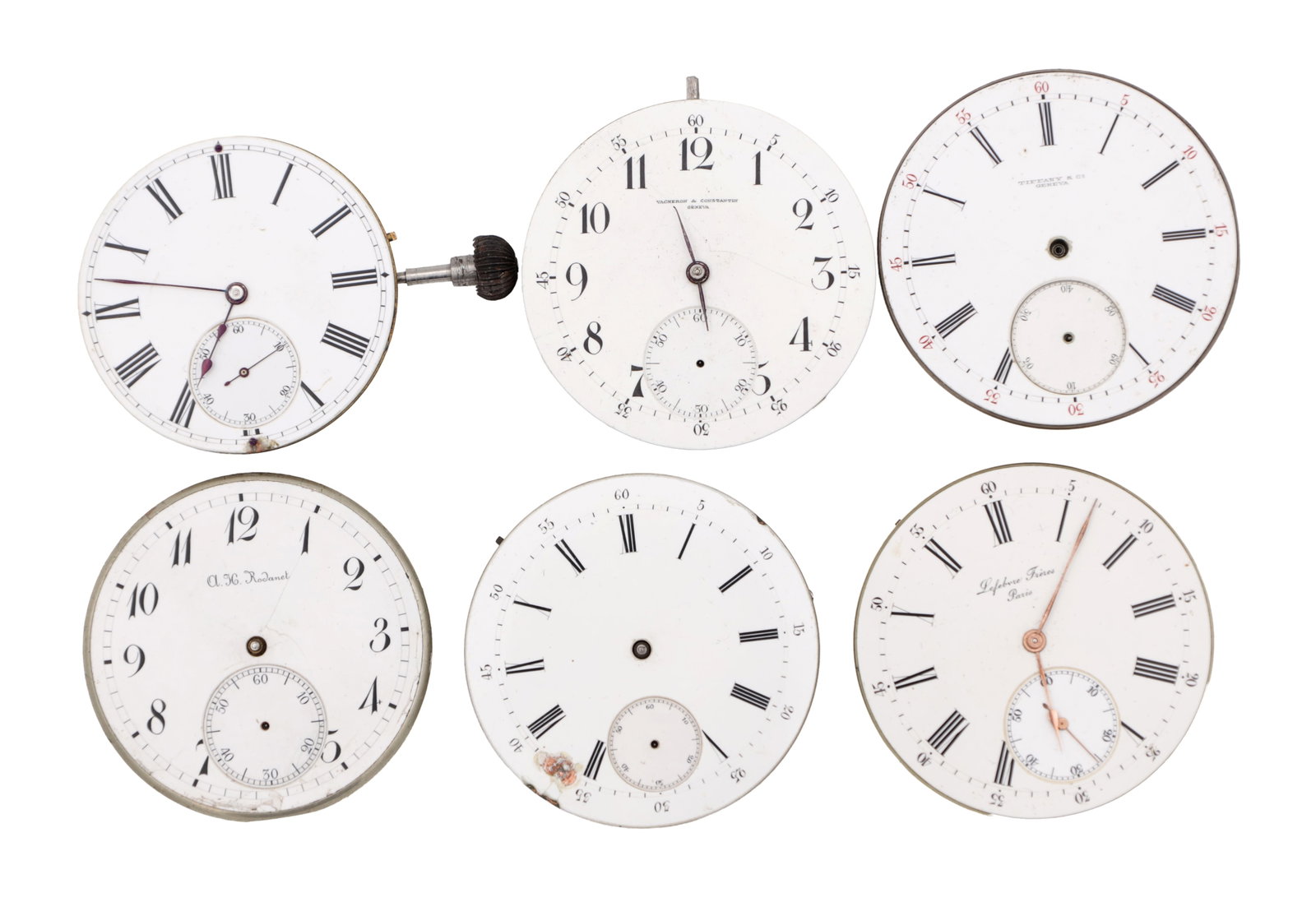 A COLLECTION OF SIX HIGH-GRADE POCKET WATCH MOVEMENTS: A COLLECTION OF SIX HIGH-GRADE POCKET WATCH MOVEMENTS comprising white enamel dials variously signed Vacheron & Constantin, Tiffany & Co and Lefebvre Frres, each with subsidiary seconds and Arabic or 