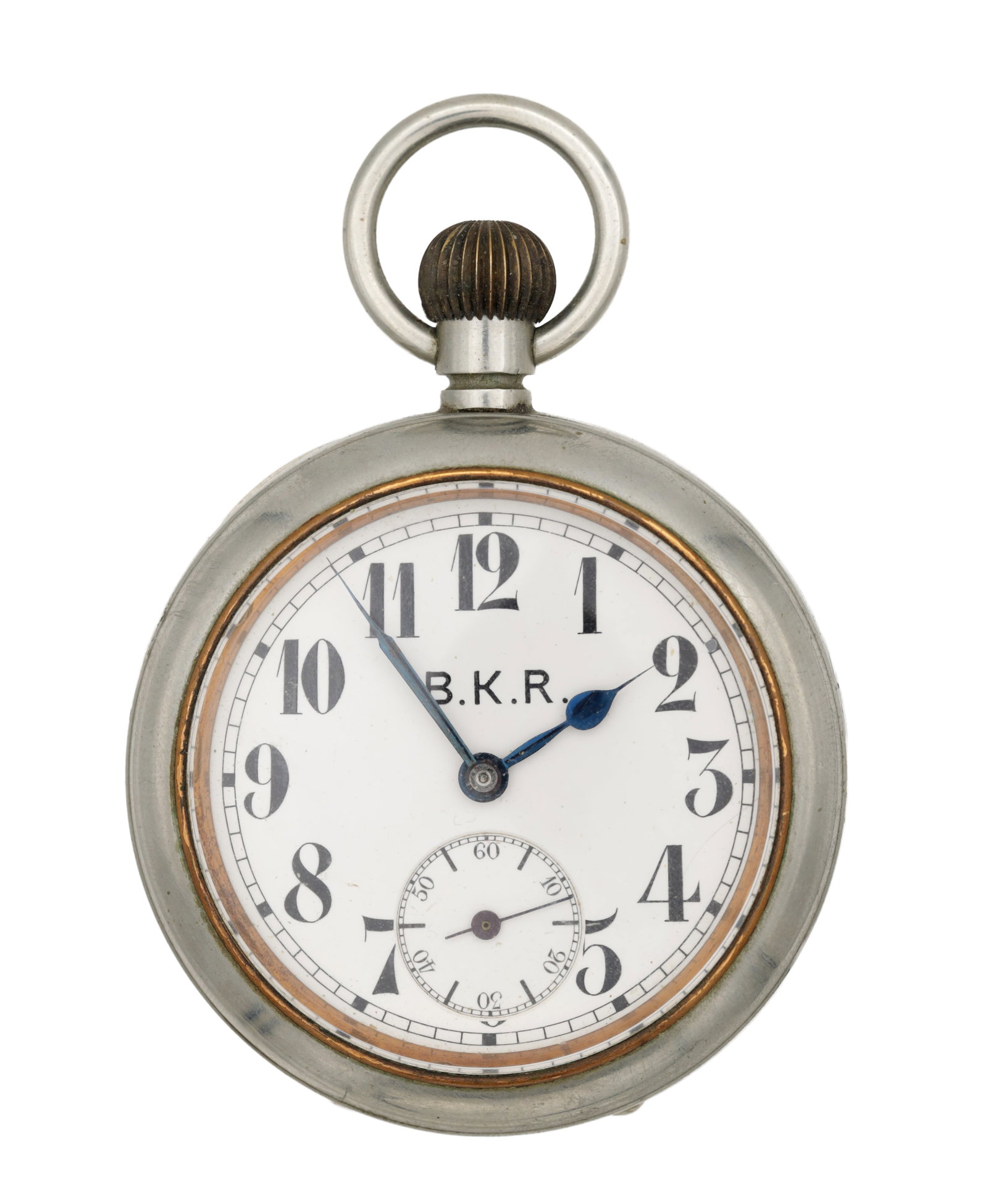 OMEGA A RARE WHITE METAL RAILWAY POCKET WATCH FOR BO'NESS AND KINNEIL RAILWAY: OMEGA A RARE WHITE METAL RAILWAY POCKET WATCH FOR BO'NESS AND KINNEIL RAILWAY of open face form with white enamel dial inscribed B.K.R., bold Arabic numerals and blued steel hands, subsidiary seconds 