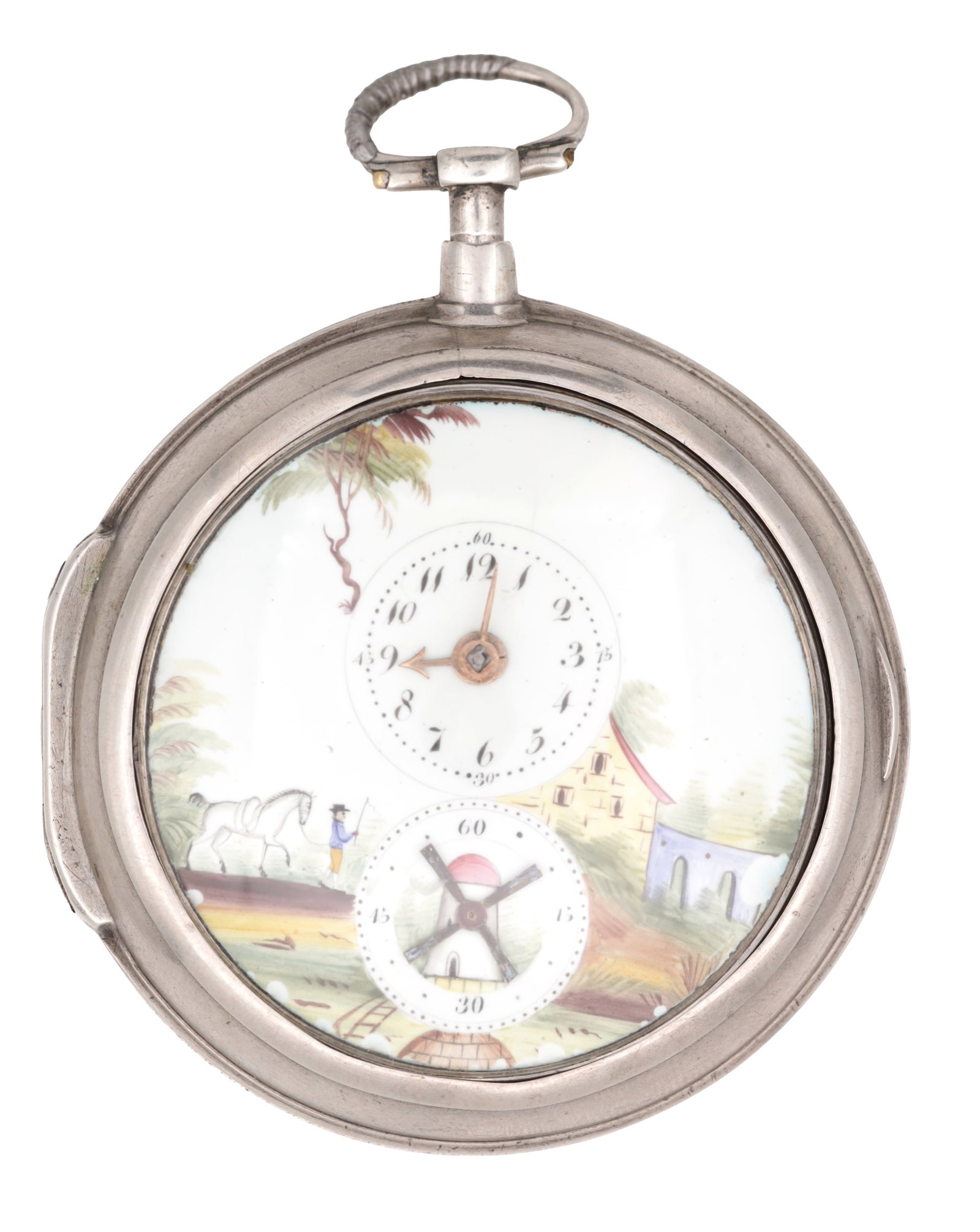 P. MASTERMAN, LONDON. A LATE GEORGE III ENGLISH SILVER PAIR CASED AUTOMATON POCKET WATCH: P. MASTERMAN, LONDON. A LATE GEORGE III ENGLISH SILVER PAIR CASED AUTOMATON POCKET WATCH with plain inner and outer cases, painted enamel dial depicting a country scene with Arabic chapter ring above 