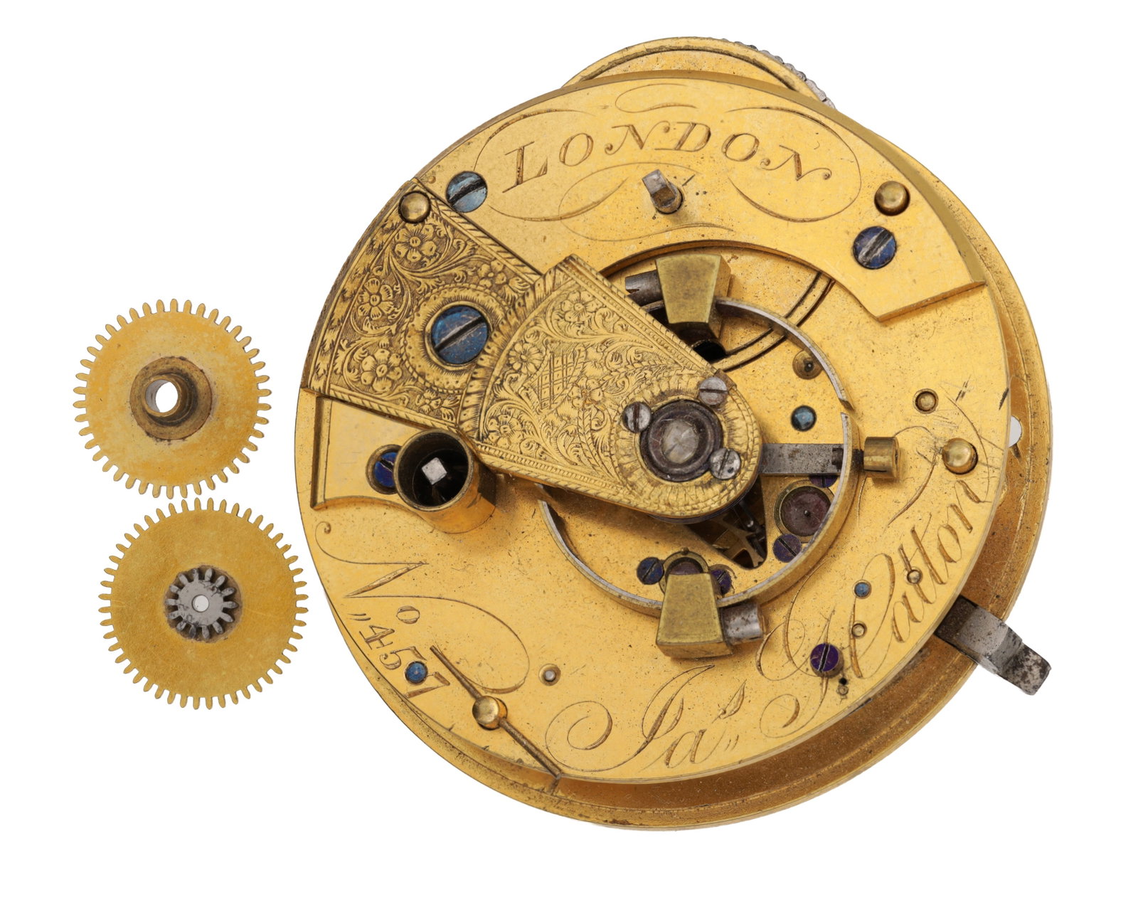 JAMES HATTON, LONDON AN CHRONOMETER POCKET WATCH MOVEMENT: JAMES HATTON, LONDON AN CHRONOMETER POCKET WATCH MOVEMENT with chain-driven fusee and diamond endstone, engraved balance cock and blued screws, together with two loose brass wheels. (45mm diameter)