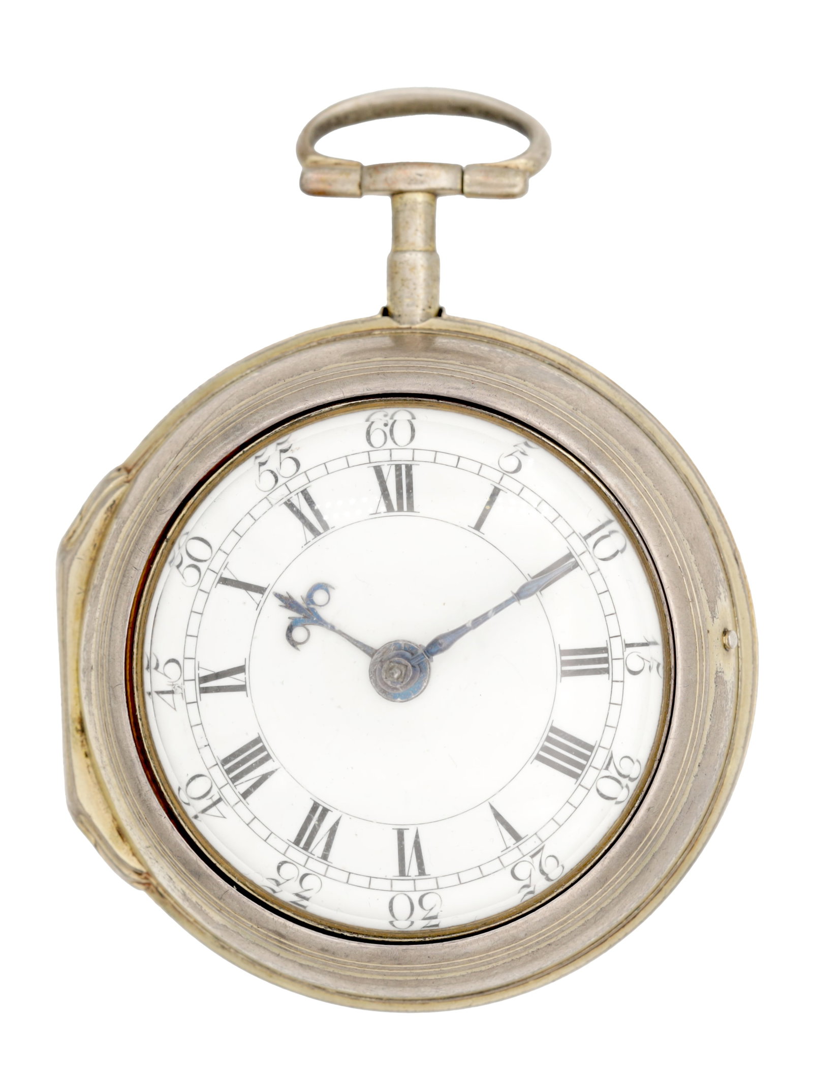 A GEORGE III ENGLISH SILVER PAIR CASED POCKET WATCH BY JOSEPH BURROWS, LONDON, OF VICTORY OF: A GEORGE III ENGLISH SILVER PAIR CASED POCKET WATCH BY JOSEPH BURROWS, LONDON, OF NAVAL AND BATTLE OF WATERLOO INTEREST with a white enamel Roman numeral dial and outer Arabic minute track, blued stee