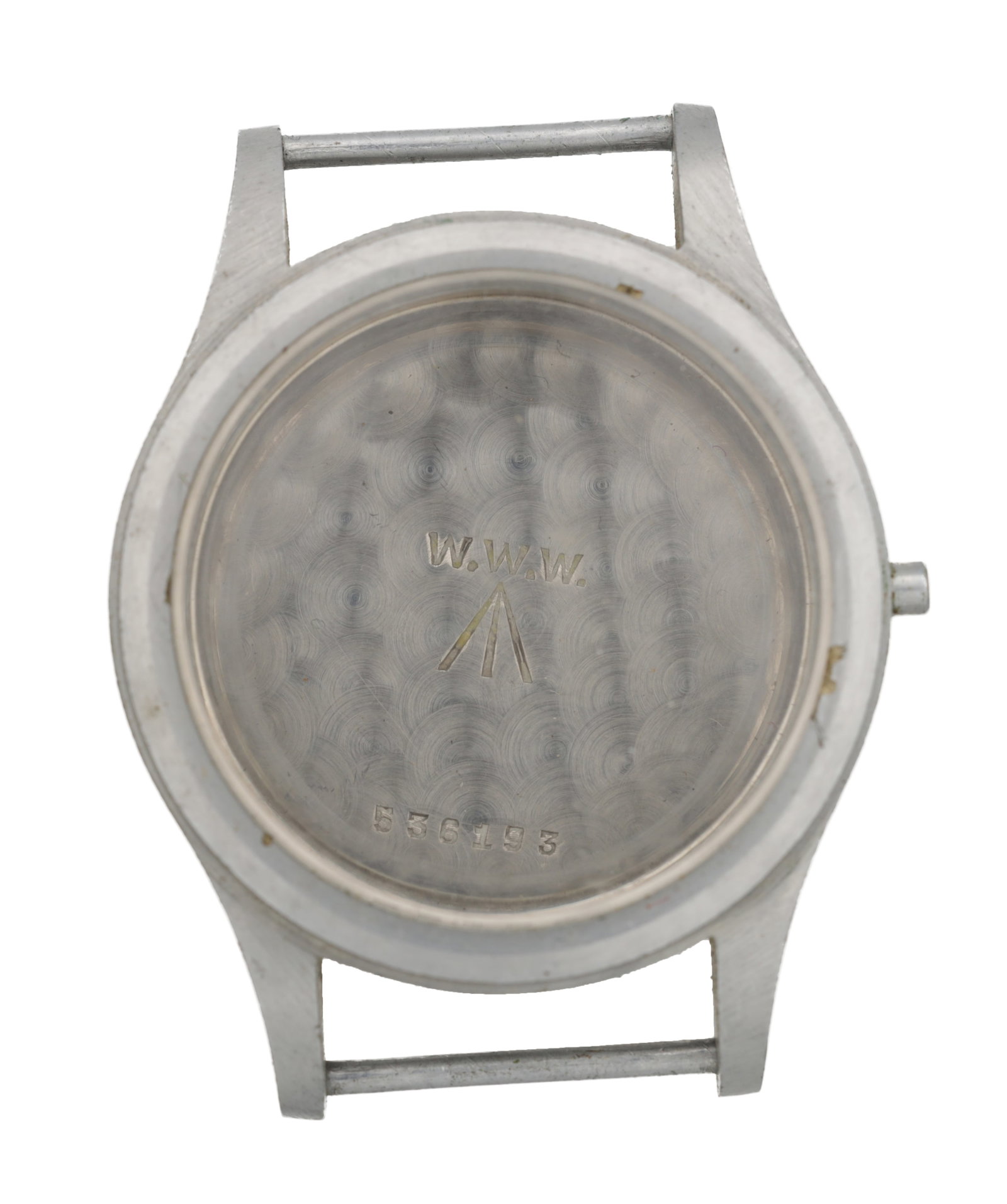 A MID 20TH CENTURY BRITISH MILITARY STEEL W.W.W. "DIRTY DOZEN" GENTLEMEN'S WATCH CASE (1 of 2)