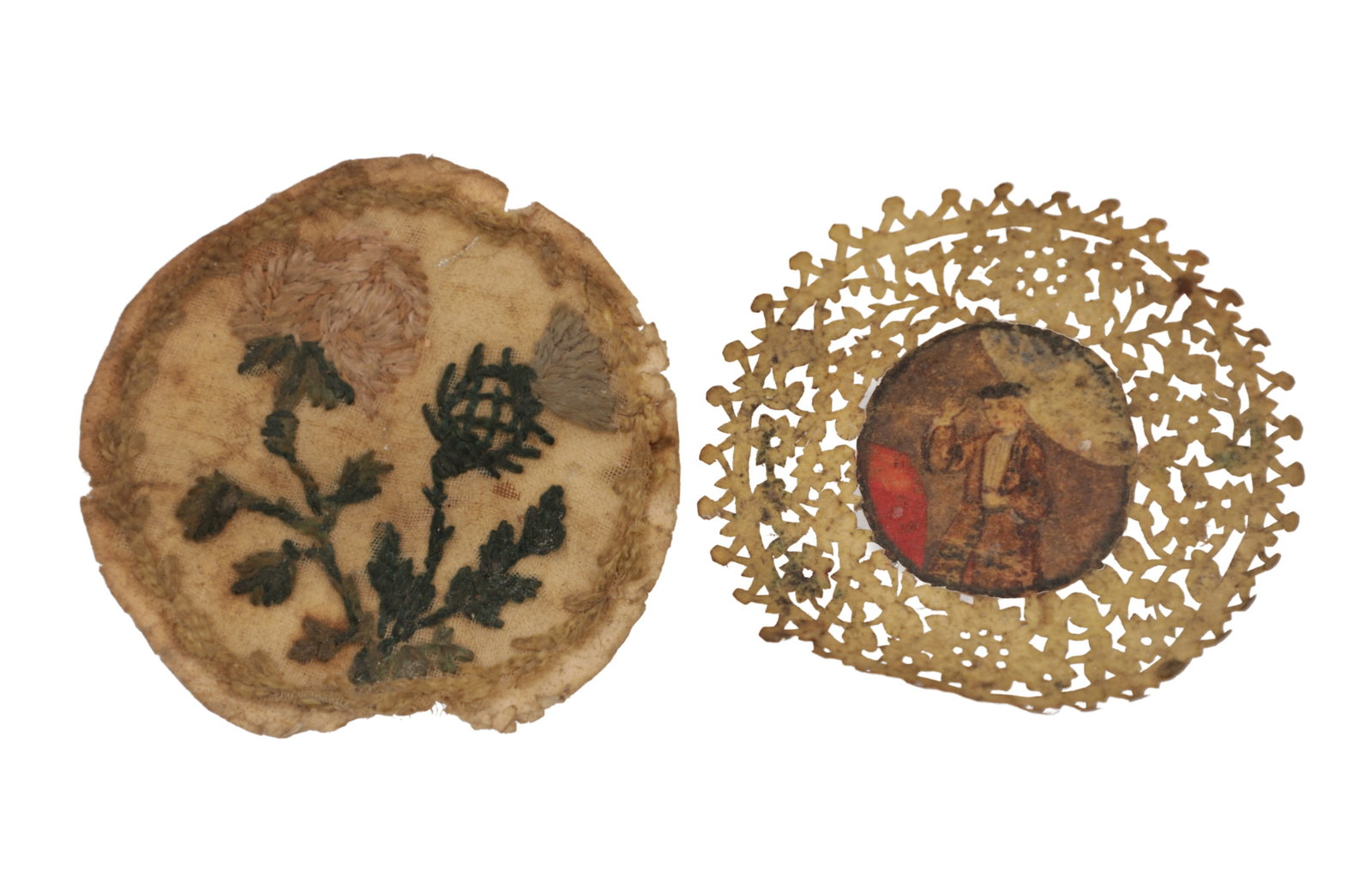 TWO GEORGIAN NEEDLEWORK AND CUT PAPER WATCH PAPERS (1 of 2)