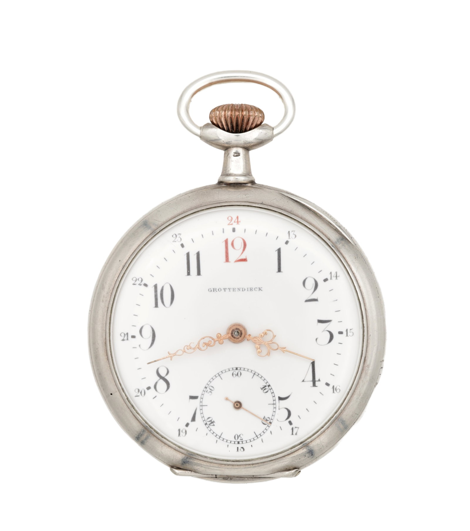 AN 800 STANDARD SILVER OPEN FACE POCKET WATCH: AN 800 STANDARD SILVER OPEN FACE POCKET WATCH with a white enamel dial signed C. Grottendieck, Arabic numerals with red 24-hour track and subsidiary seconds at six, the case stamped 0.800, made in Bru