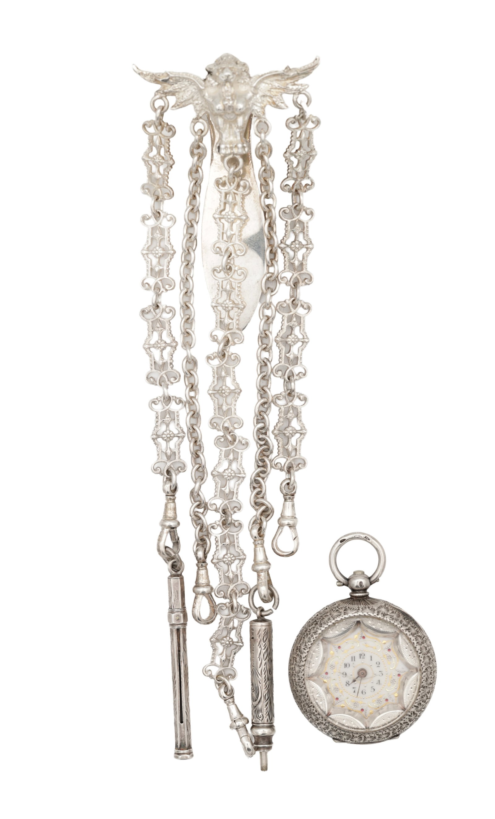 A LATE 19TH CENTURY CONTINENTAL SILVER CHATELAINE AND A SILVER FOB WATCH (1 of 6)