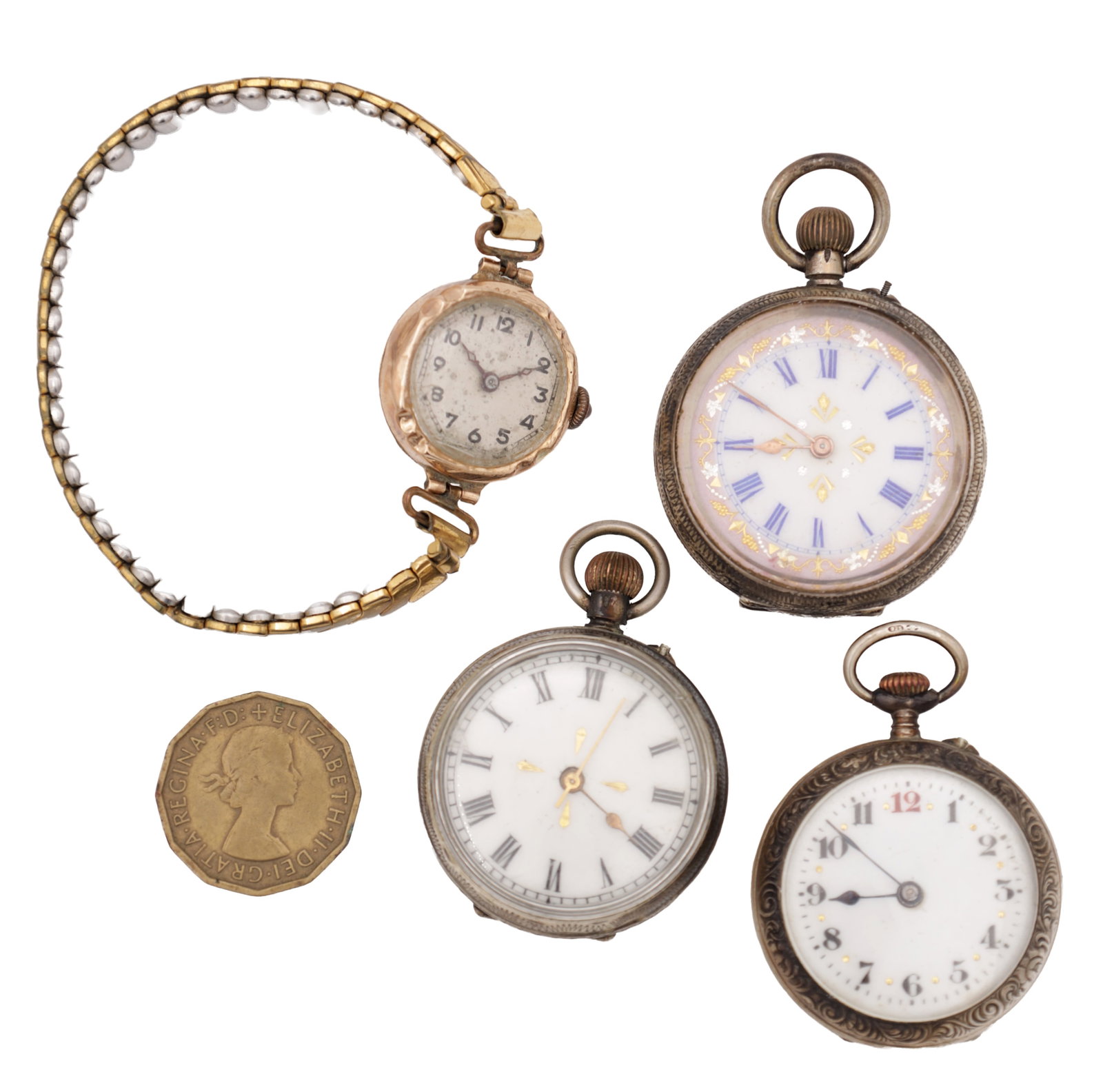 A COLLECTION OF SILVER AND 9CT GOLD WATCHES AND A COIN (1 of 2)