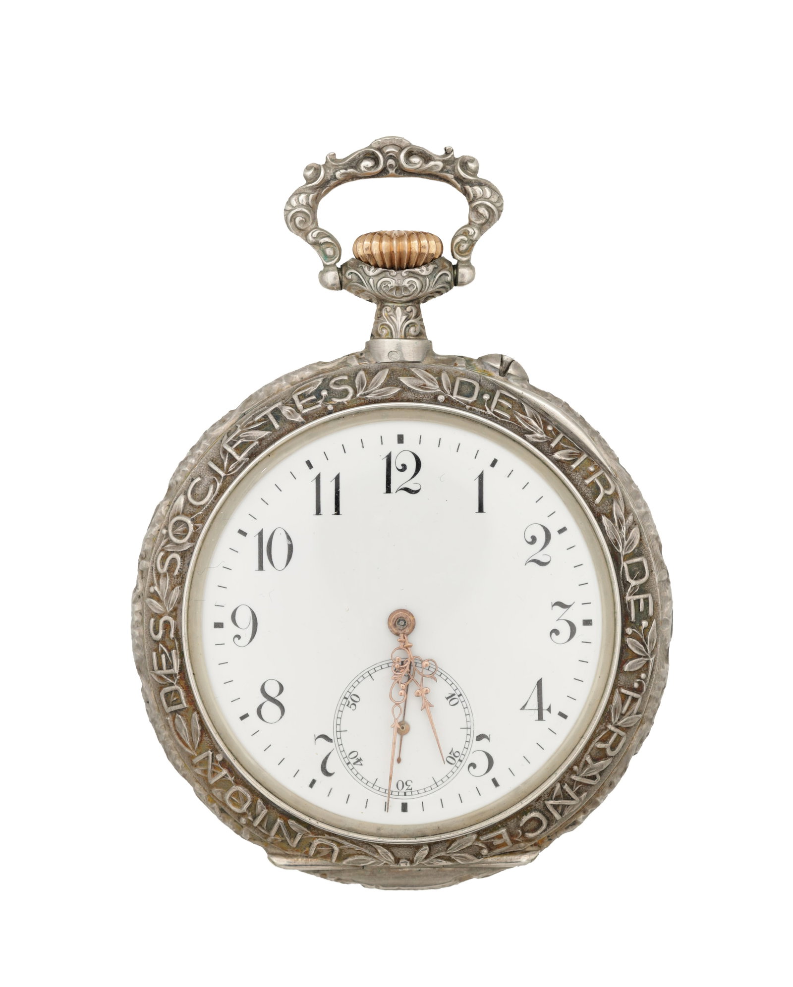 A CIRCA 1905 LONGINES SILVER OPEN FACED POCKET WATCH: A CIRCA 1905 LONGINES SILVER OPEN FACED POCKET WATCH with white enamel dial, Arabic numerals and subsidiary seconds, the bezel cast with laurel sprays and the legend "UNION DES SOCIETES DE TIR DE FRAN