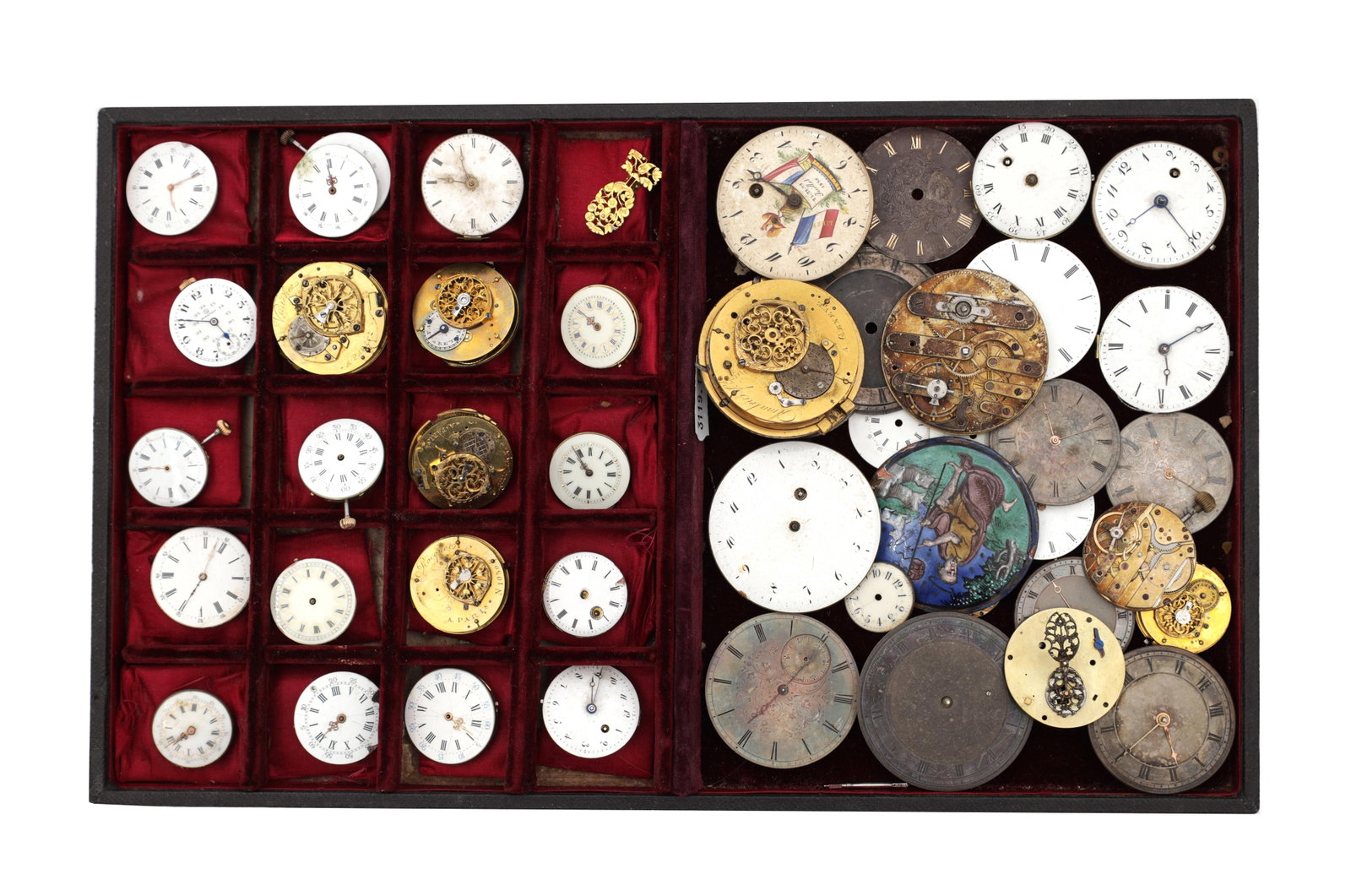A COLLECTION OF 18TH AND 19TH CENTURY SWISS AND FRENCH BRASS AND ENAMEL POCKET WATCH MOVEMENTS AND (1 of 12)