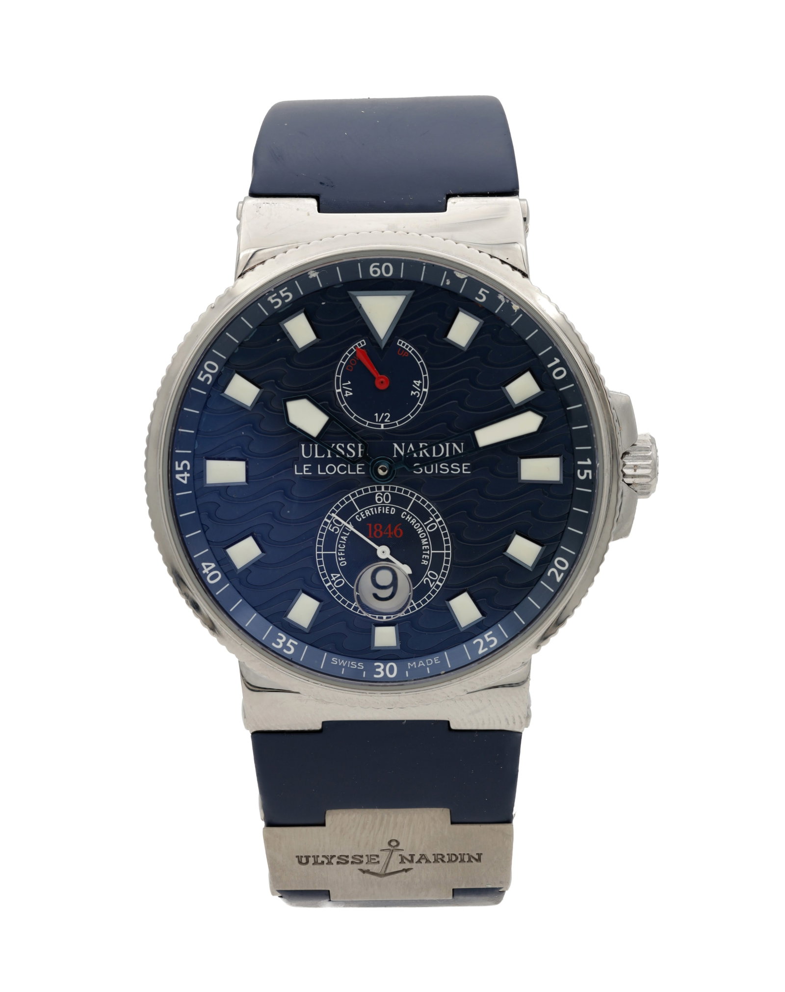 A GENTLEMAN'S STAINLESS STEEL ULYSSE NARDIN MAXI MARINE BLUE WAVE AUTOMATIC WRIST WATCH (1 of 10)