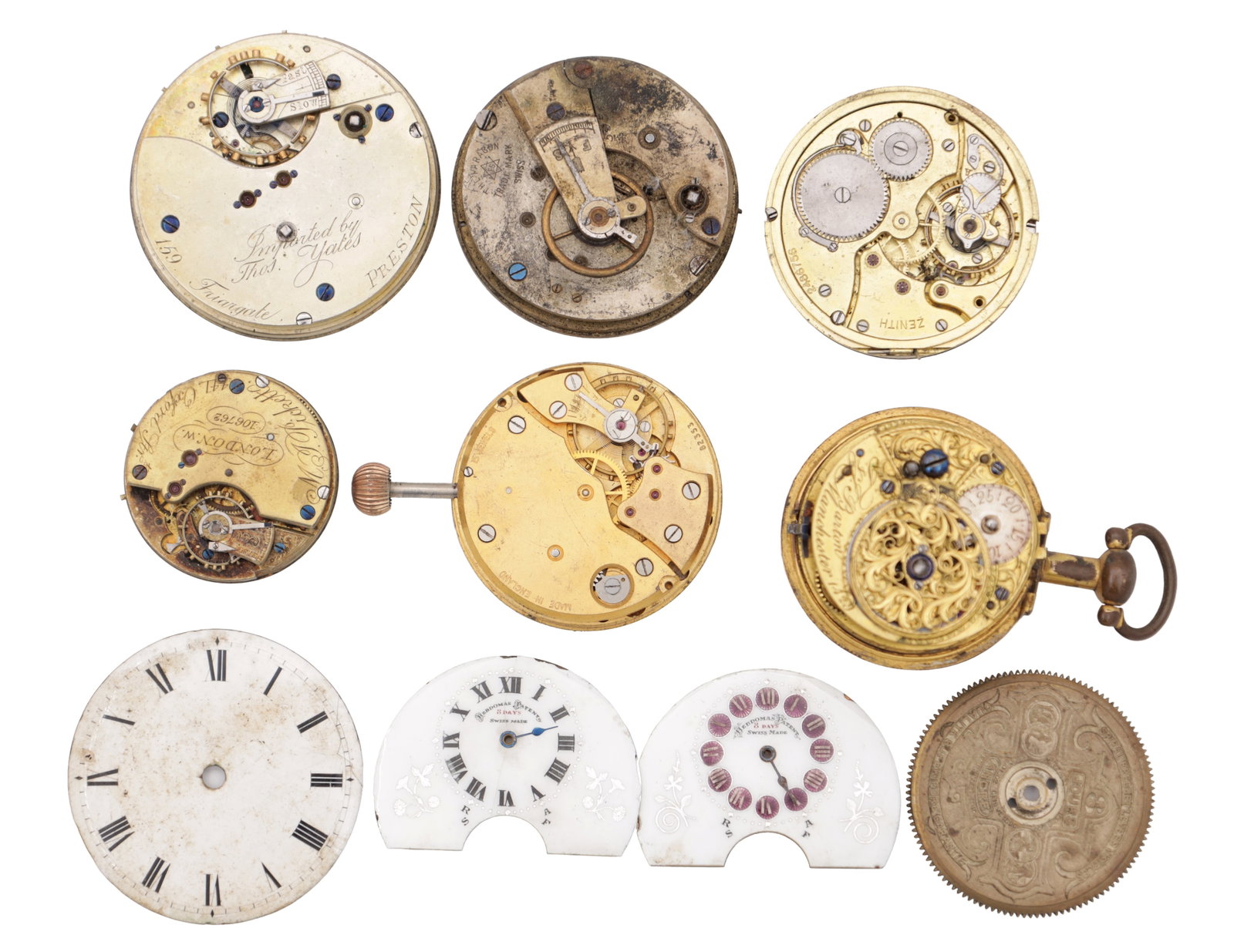 A COLLECTION OF POCKET WATCH PARTS: A COLLECTION OF POCKET WATCH PARTS comprising English fusee and Swiss lever movements including a Zenith example together with enamel dials and other components.