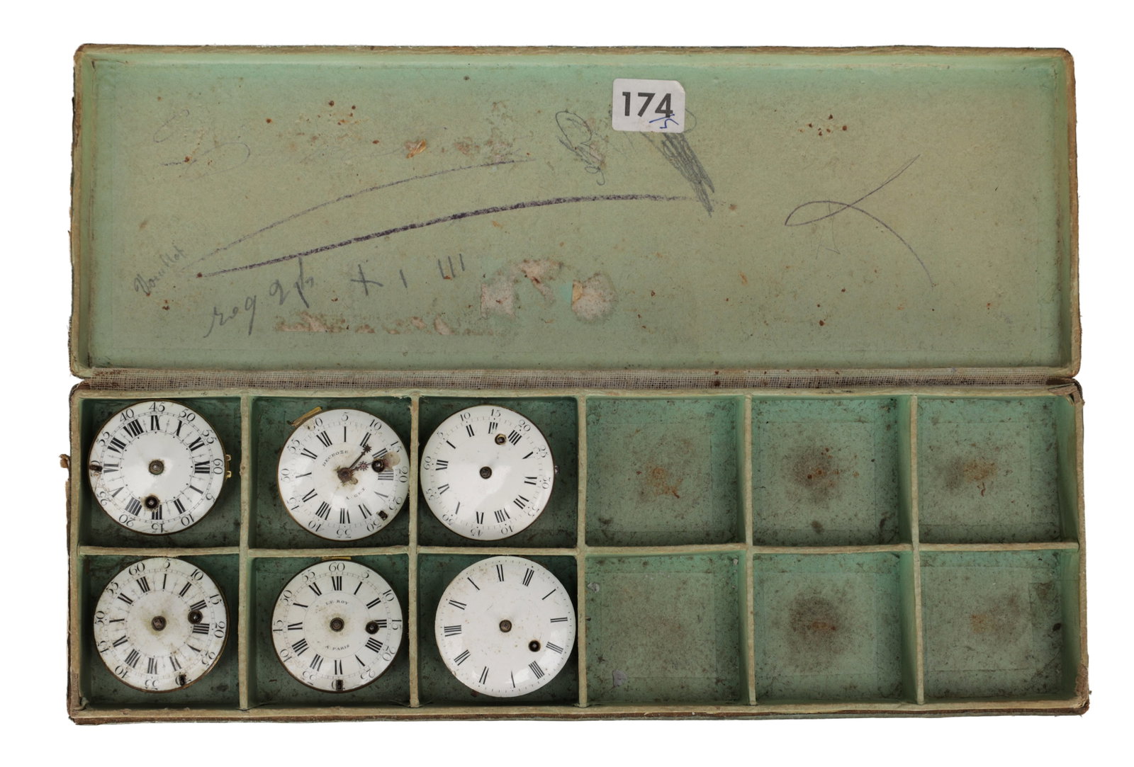 A COLLECTION OF SIX FRENCH VERGE POCKET WATCH MOVEMENTS: A COLLECTION OF SIX FRENCH VERGE POCKET WATCH MOVEMENTS signed J.F. Dominice, Nicolas Lenoir, Le Roy, Decronze, Gallois and Nicolas Lenoir, each with white enamel Roman numeral dials. (6)