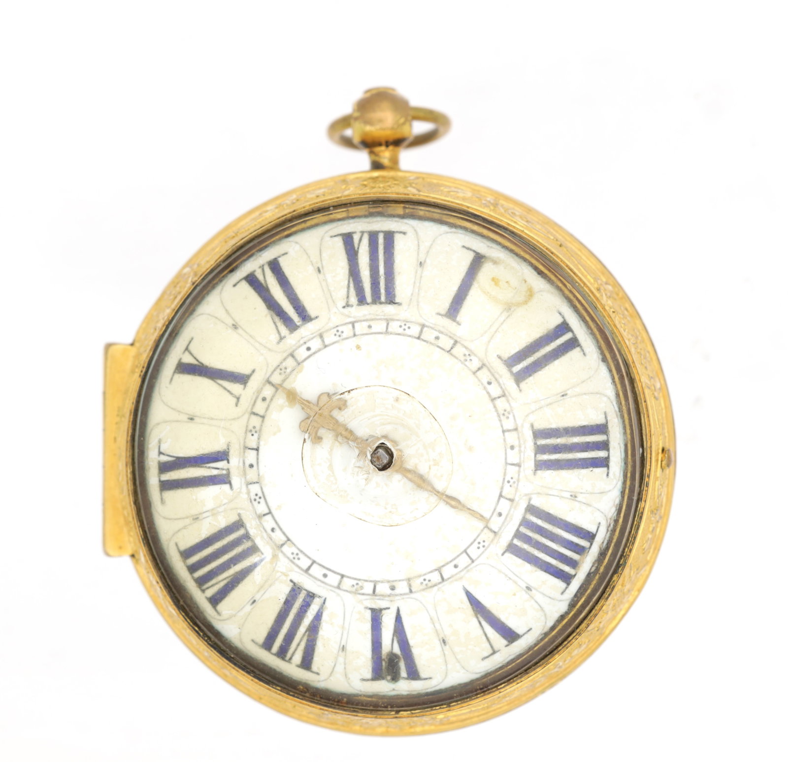 CADIER PARIS. A LATE 17TH CENTURY FRENCH GILT CASED OIGNON VERGE POCKET WATCH: CADIER PARIS. A LATE 17TH CENTURY FRENCH GILT CASED OIGNON VERGE POCKET WATCH with white enamel dial bearing blue Roman numerals and inner minute track, front-hinged glazed bezel and ring pendant, the