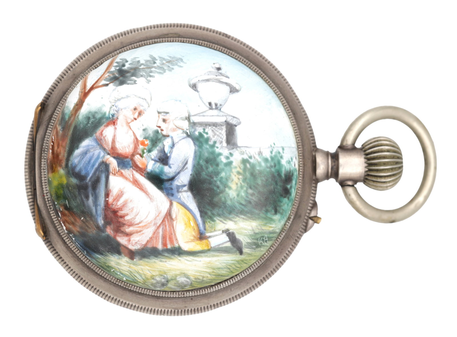 AN EARLY 20TH CENTURY SWISS ENAMELLED EROTIC OPEN FACE POCKET WATCH: AN EARLY 20TH CENTURY SWISS ENAMELLED EROTIC OPEN FACE POCKET WATCH the enamel back cover depicting a classical romantic scene, the push crown opening to the cover to reveal another enamel scene, the 