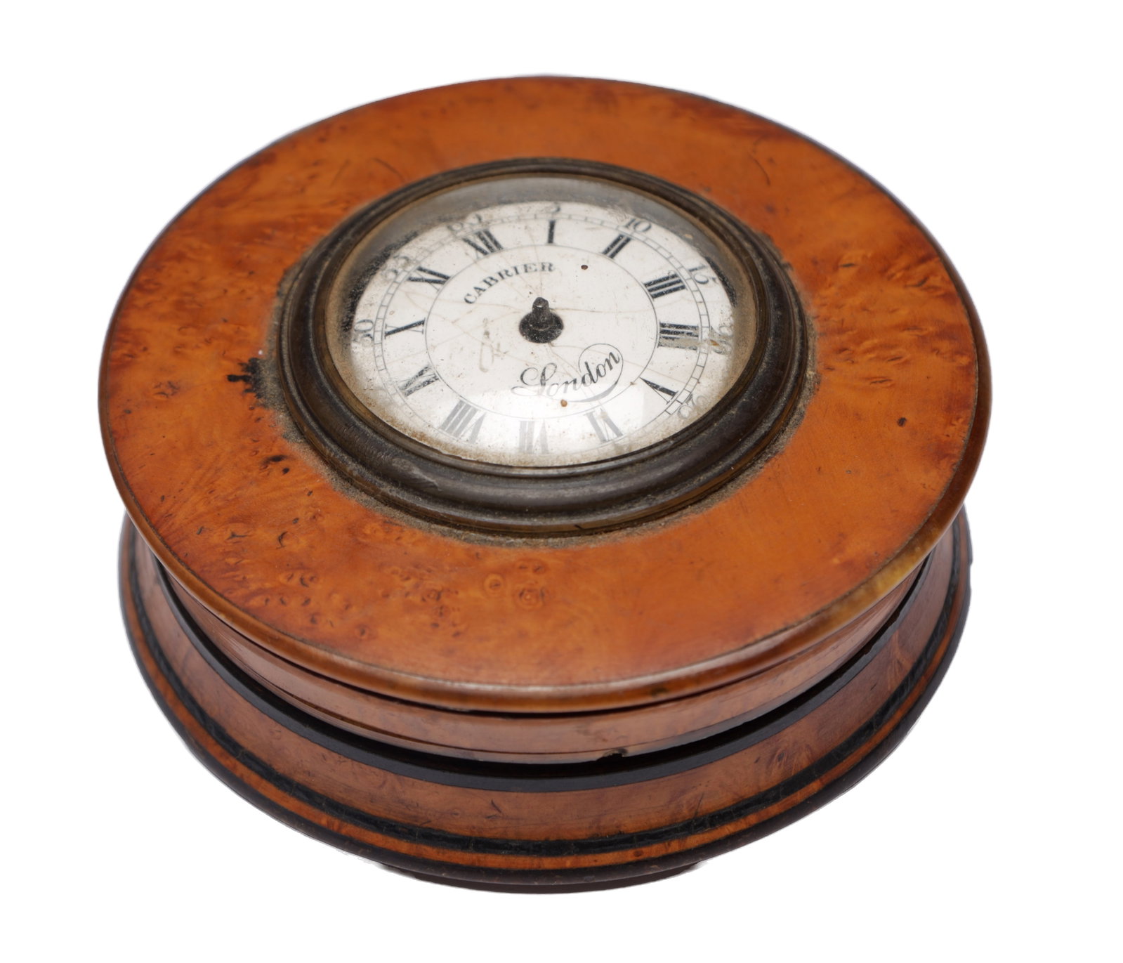 AN 18TH CENTURY MULBERRY AND EBONY SNUFF BOX WITH WATCH (1 of 3)